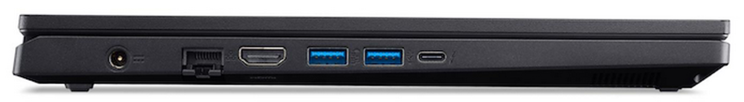 Vista lateral de un portátil negro que muestra puertos: alimentación, Ethernet, HDMI, puertos USB y un puerto USB-C.