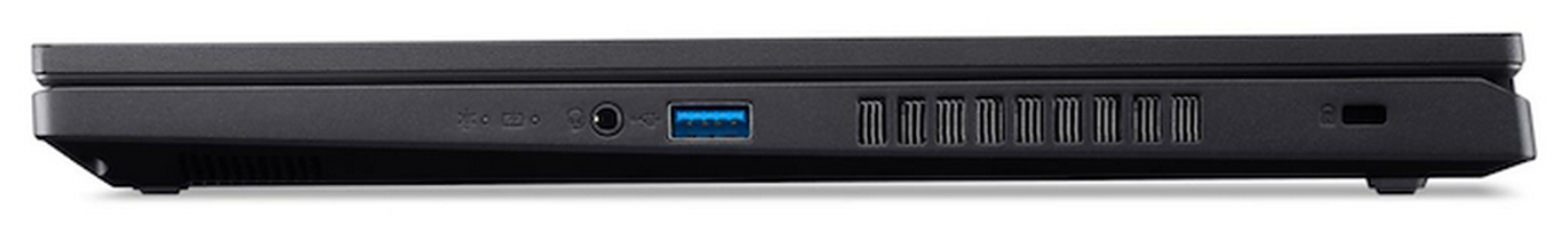 Vista lateral de portátil negro con puertos, incluyendo USB, audio y rejillas. El portátil está sobre una superficie blanca.