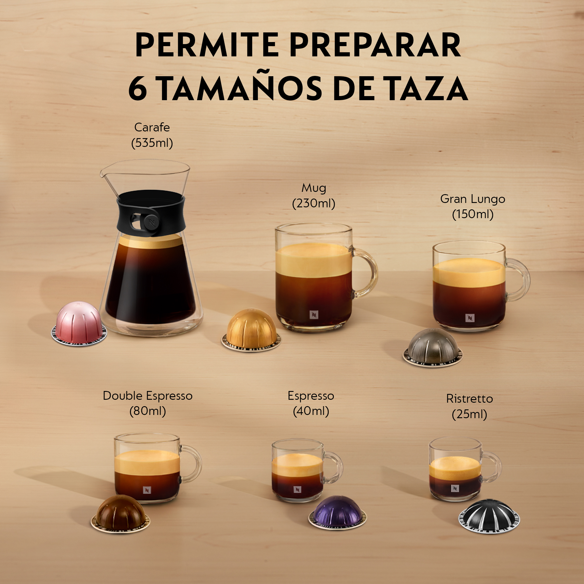 La imagen muestra tamaños de café: Jarra, Taza, Gran Lungo, Doble Espresso, Espresso y Ristretto. Cada uno con una cápsula Nespresso.
