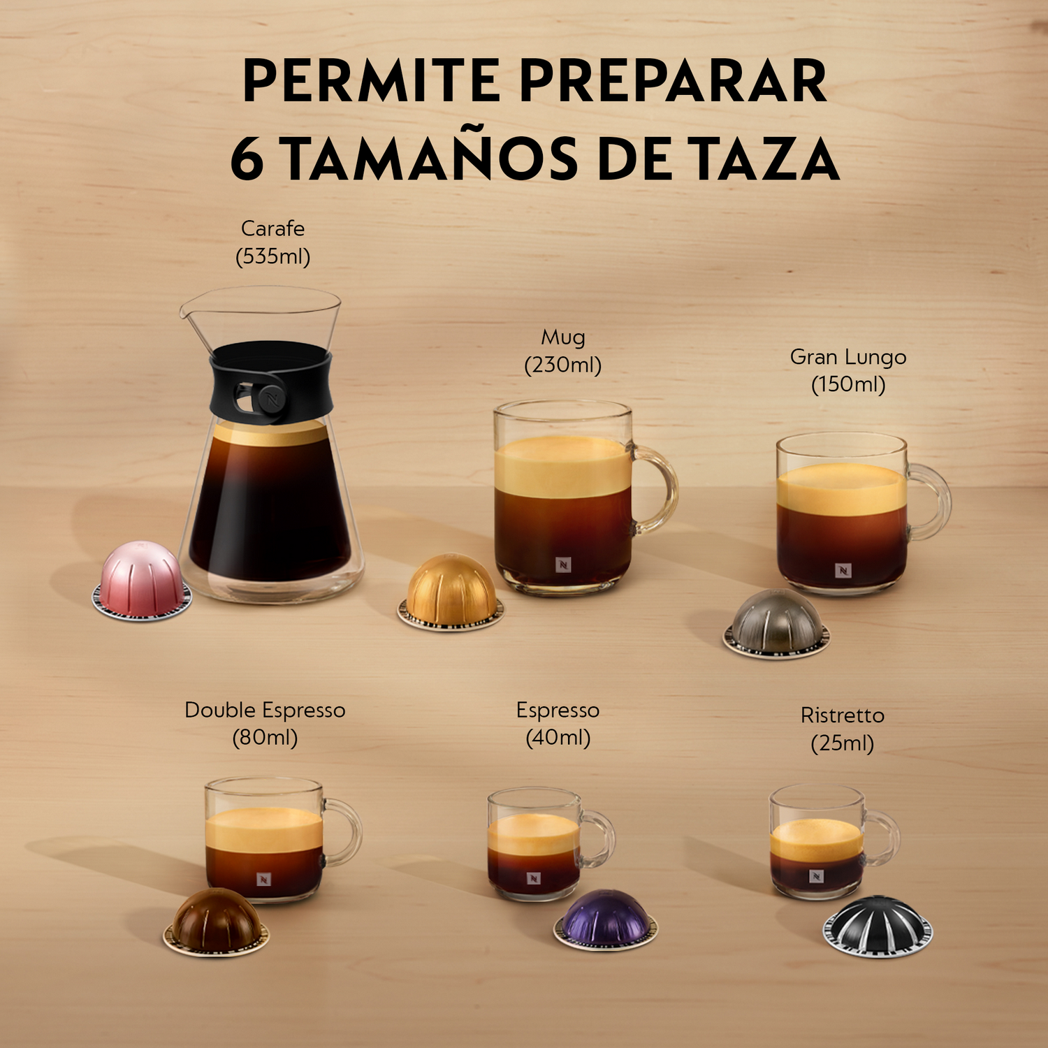 Tazas de café de diferentes tamaños, cápsulas y una jarra dispuestas sobre una superficie de madera. El texto superior dice "6 tamaños de taza".