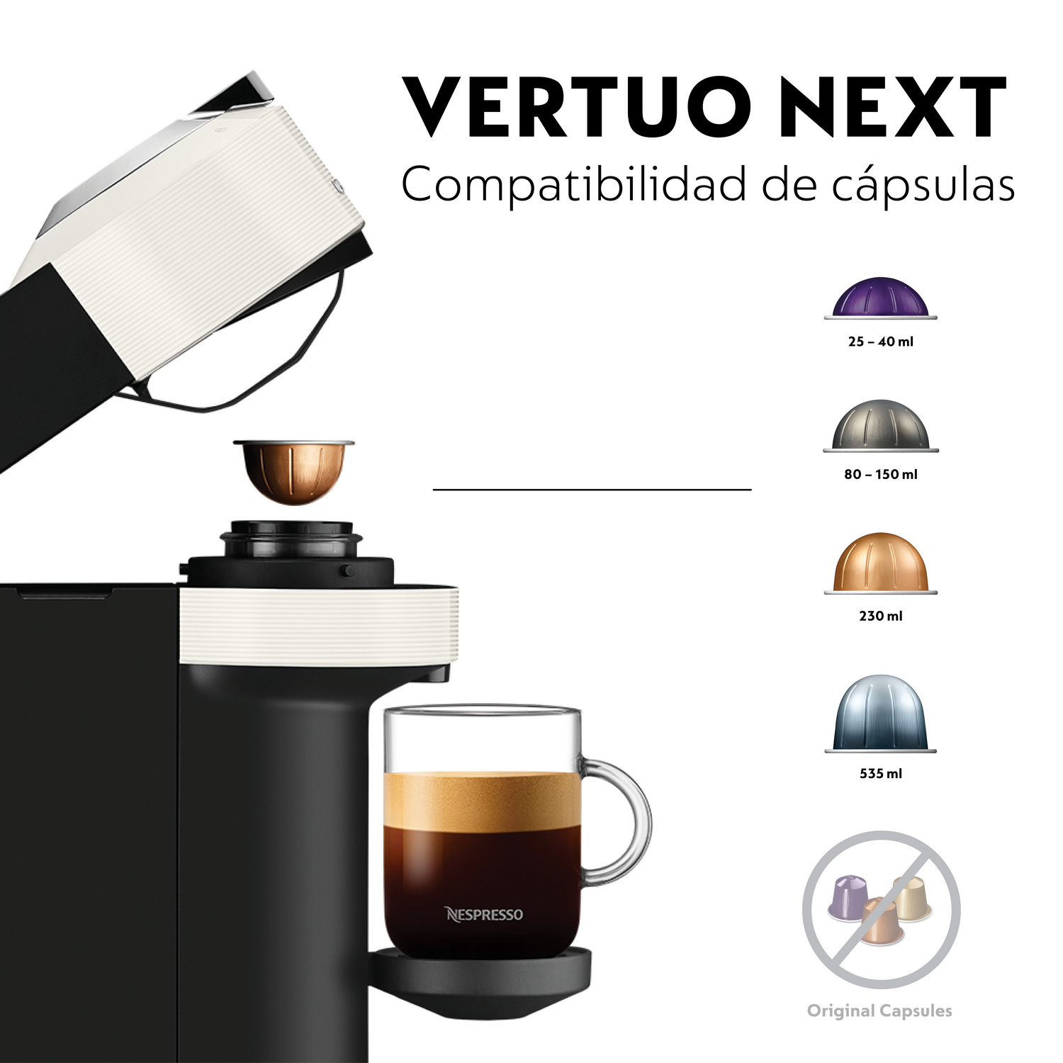 Máquina Nespresso Vertuo Next con cápsula de café y vaso de café. Muestra cápsulas compatibles y tamaños de volumen.