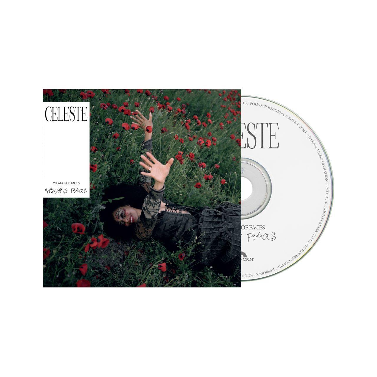 Eine Frau liegt in einem Feld roter Mohnblumen mit erhobenen Armen. Eine CD und Albumcover mit 'CELESTE' und 'WOMAN OF FACES' sind vorhanden.