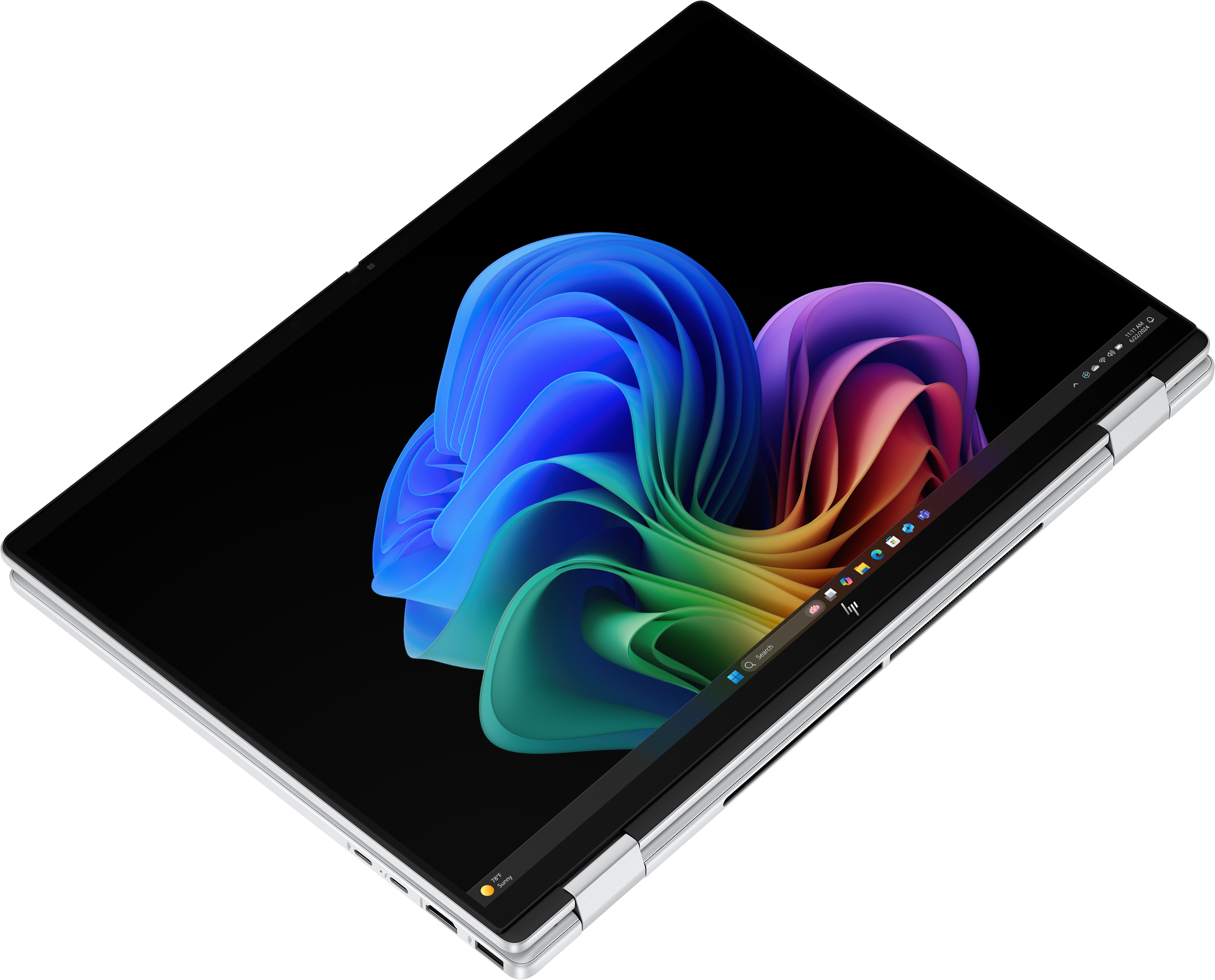 Laptop, der ein farbenfrohes abstraktes Bild anzeigt. Der Laptop ist in einem Winkel geöffnet, vor schwarzem Hintergrund.