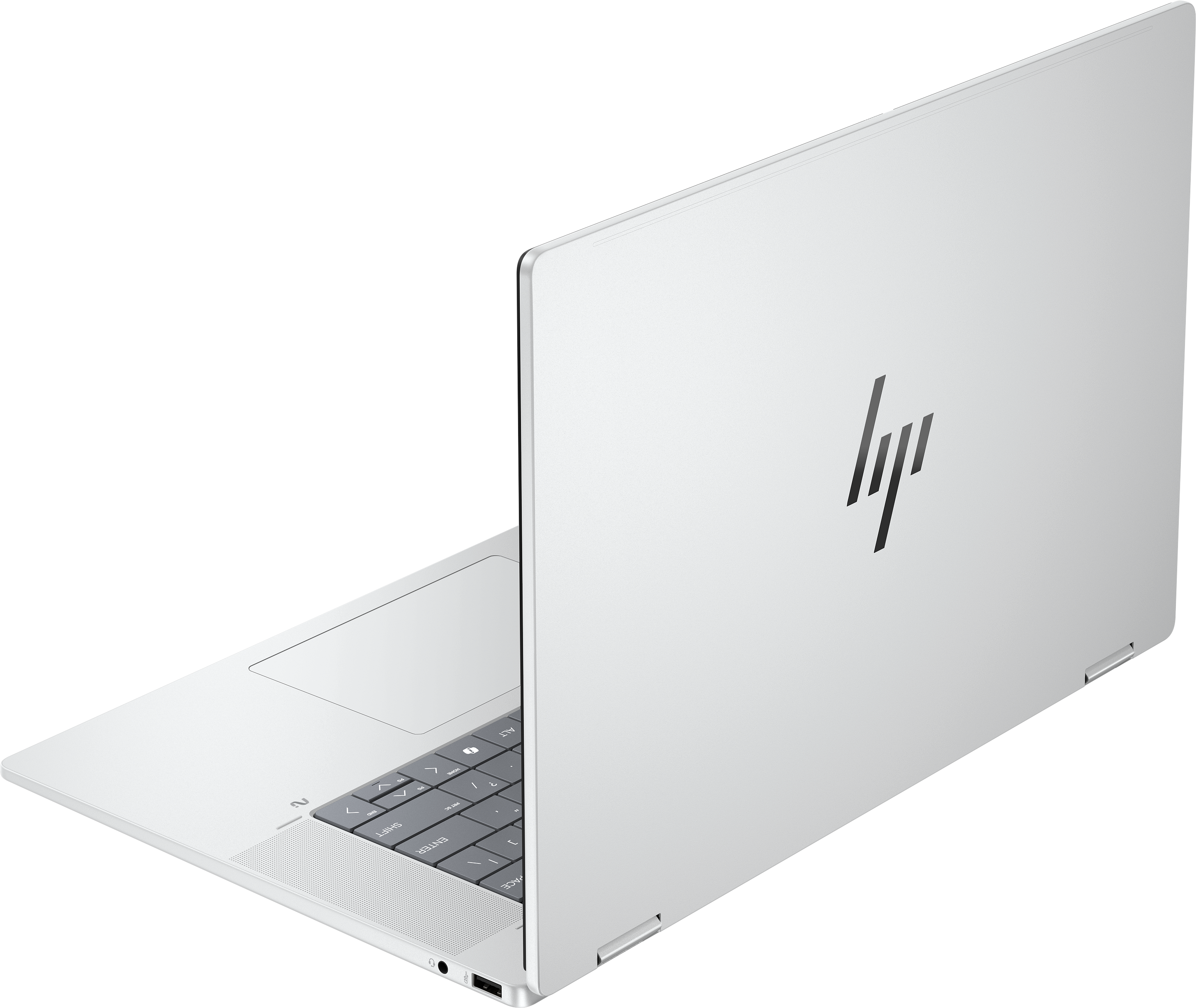 Ein weißer HP-Laptop ist auf schwarzem Hintergrund geöffnet. Das HP-Logo ist sichtbar. Die Tastatur ist teilweise sichtbar.