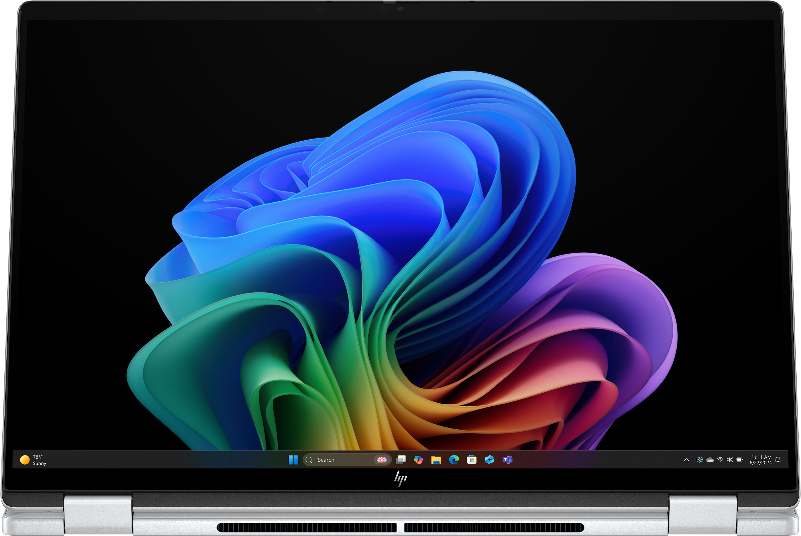 Der Laptop-Bildschirm zeigt ein farbenfrohes abstraktes Design. Der Laptop ist geöffnet. Unten ist die Taskleiste zu sehen.