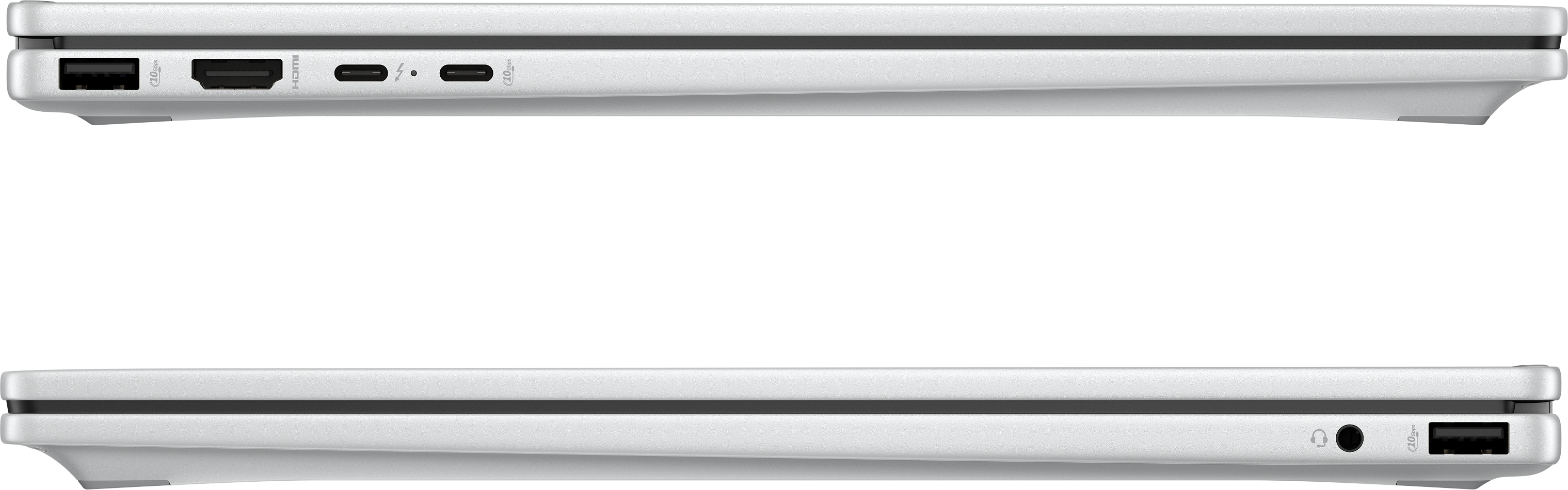 Seitenansicht eines weißen Laptops. Sichtbare Anschlüsse sind USB, HDMI, USB-C, Audioanschluss und USB. Schwarzer Hintergrund.