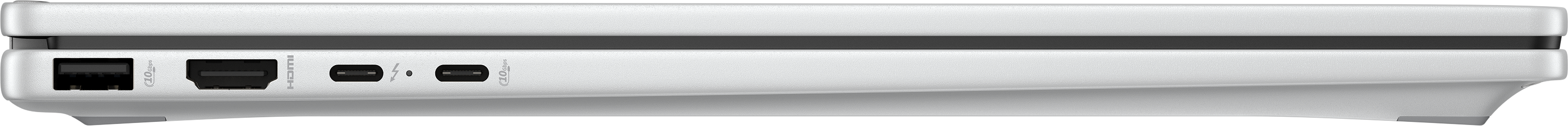 Seitenansicht eines Geräts mit Anschlüssen: USB, HDMI und USB-C. Es hat ein silbernes Gehäuse und einen schwarzen Streifen.