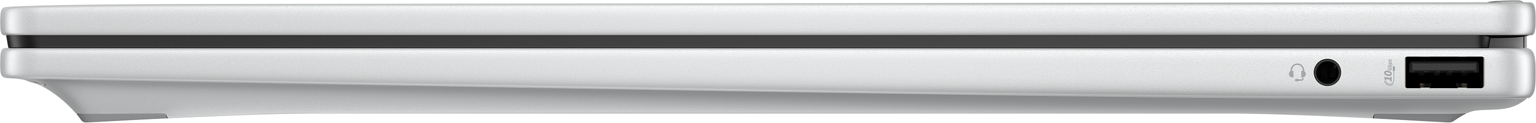 Seitenansicht eines weißen Geräts mit schwarzem Streifen. Es hat Anschlüsse für Kopfhörer und USB, auf schwarzem Grund.