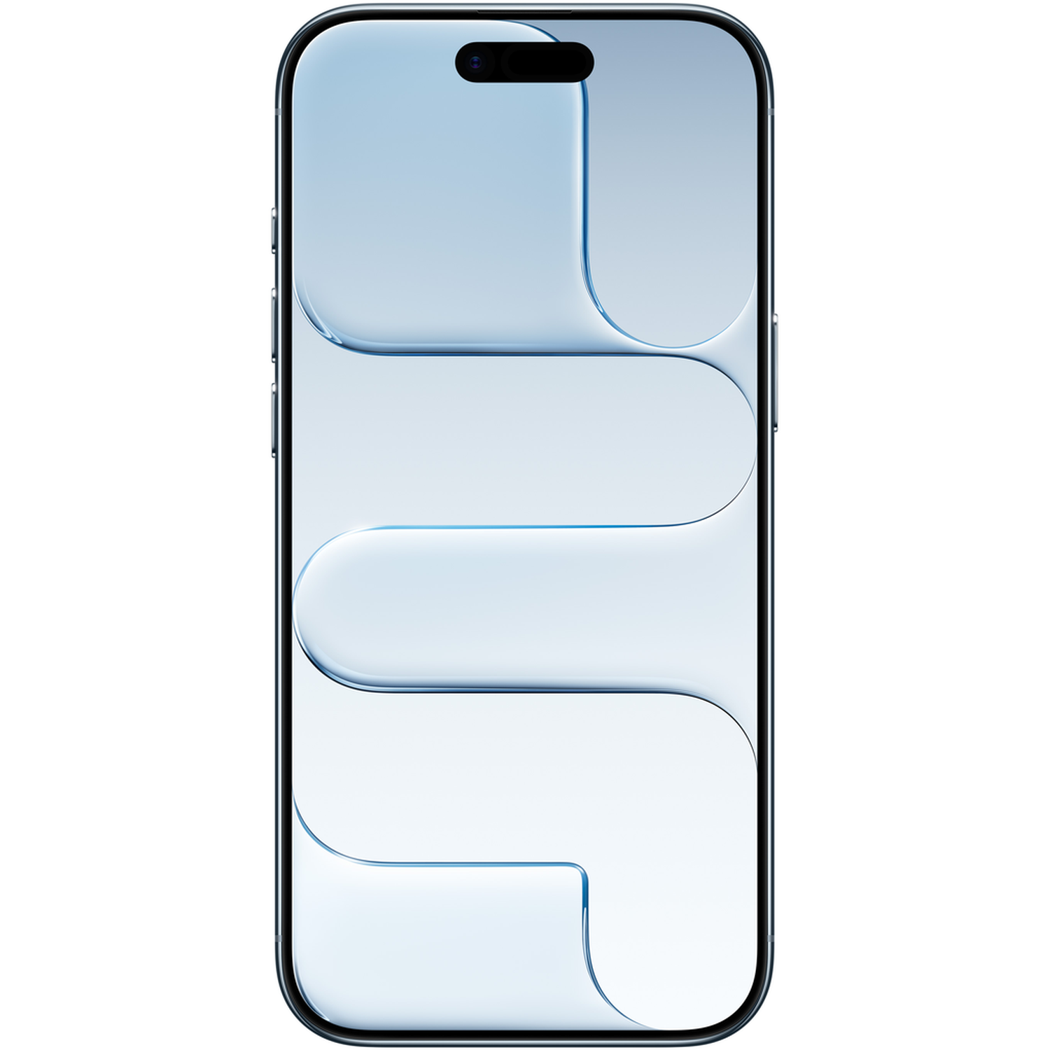 A smartphone with a light blue curved design on the screen. The phone has a black border, and the background is white.