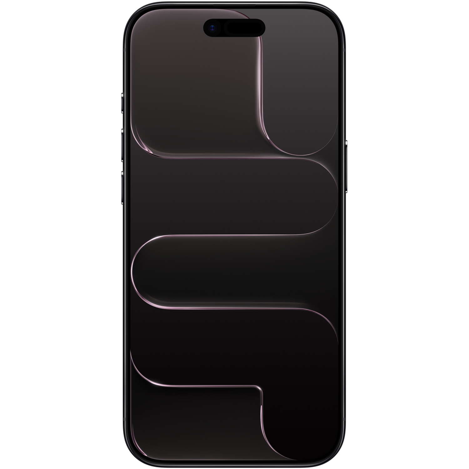 A black smartphone with a curved design. The screen features a unique abstract pattern with pinkish edges. The phone is on a white background.
