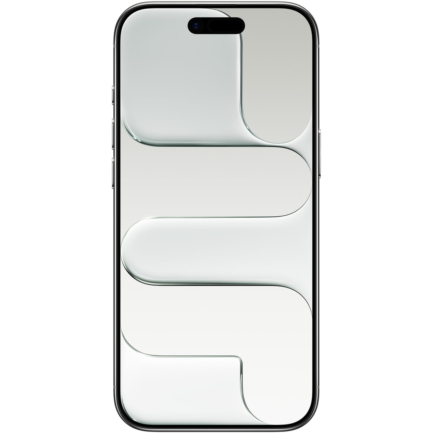 A smartphone with a glossy screen showing abstract, flowing shapes. It has a black border and a camera at the top.