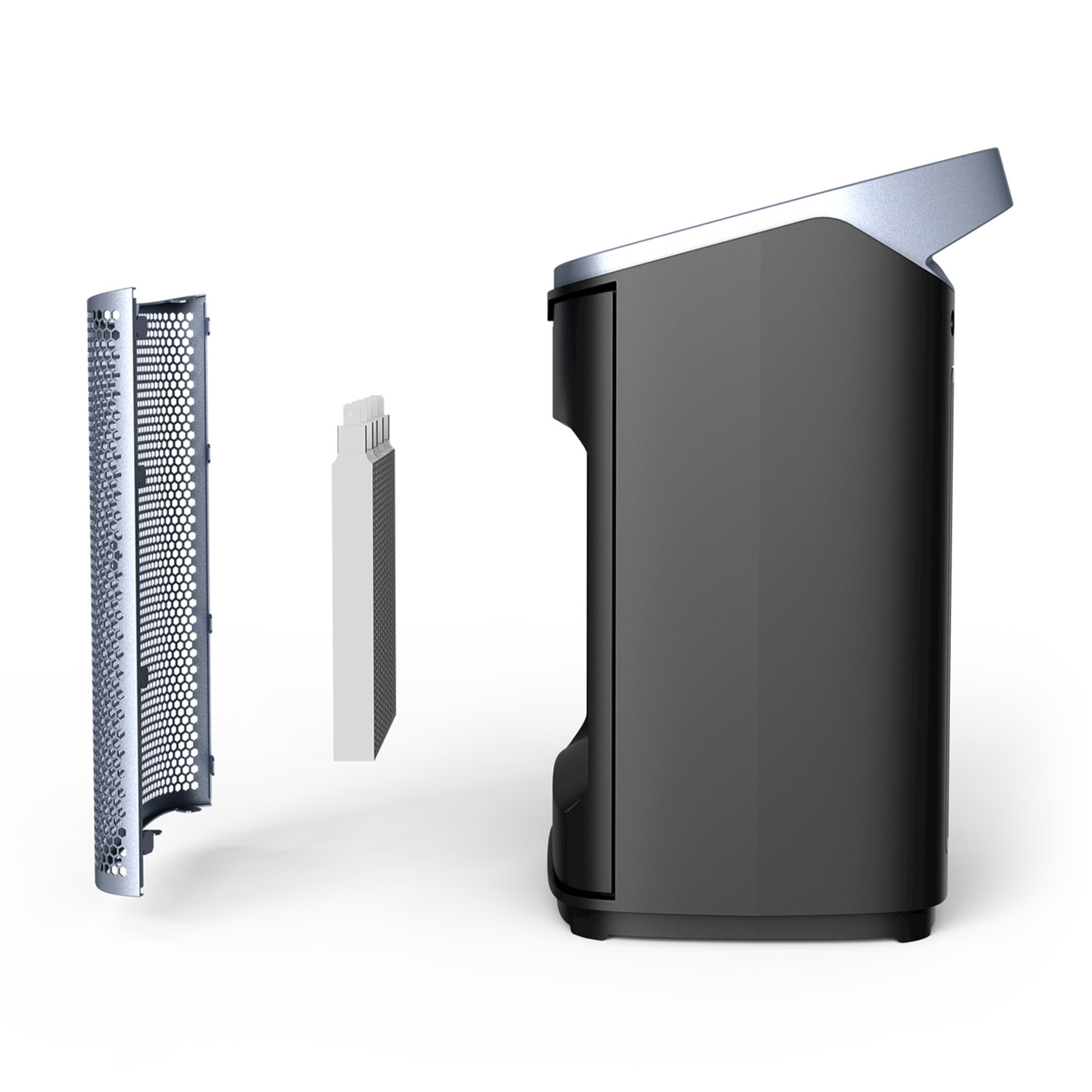 Purificatore d'aria nero con elementi filtranti staccati. Copertura a rete metallica e filtro separati. Il dispositivo ha una parte superiore argentata.