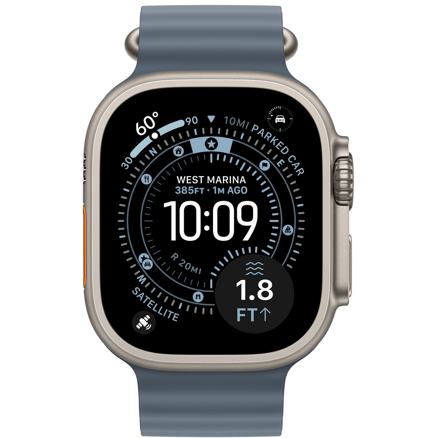 A silver smartwatch displays time, location, and various metrics. The watch has a blue strap and a black screen with white text and icons.