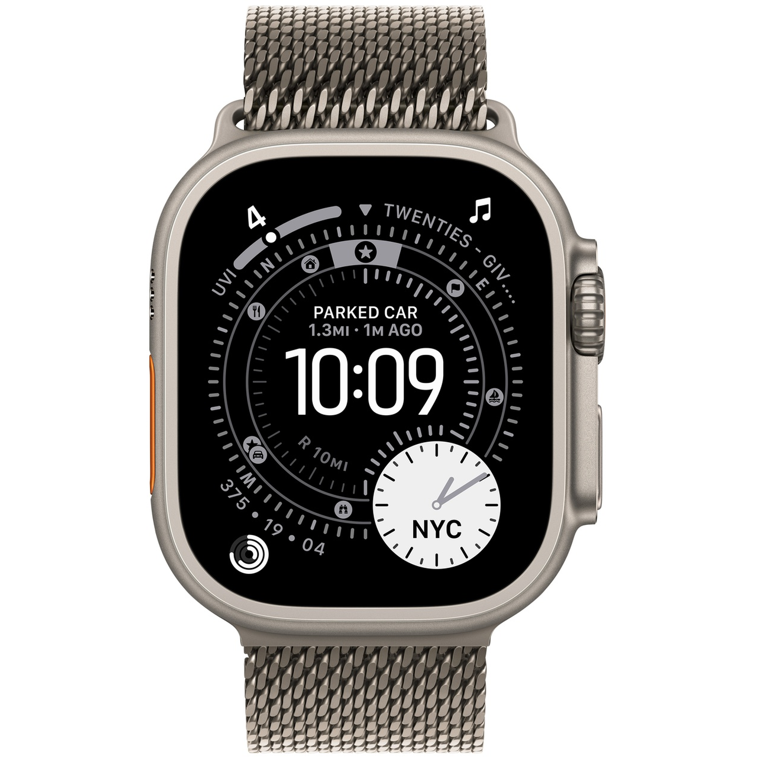 A silver smartwatch with a mesh band displays the time 10:09. The watch face shows data and a small analog clock labeled NYC.