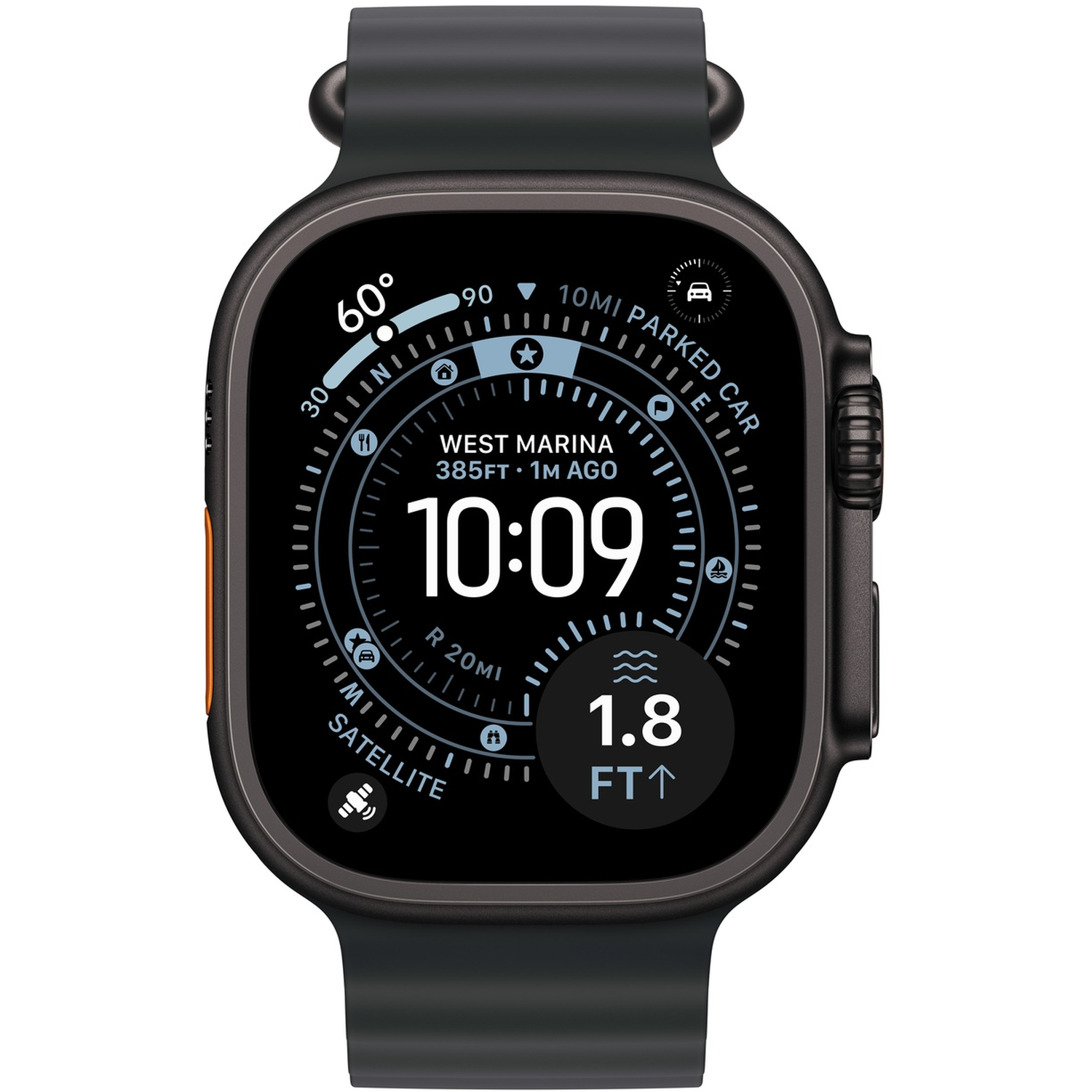 Une montre intelligente noire affiche l'heure et les données de navigation, y compris l'emplacement, l'altitude et la direction de la boussole, sur fond blanc.