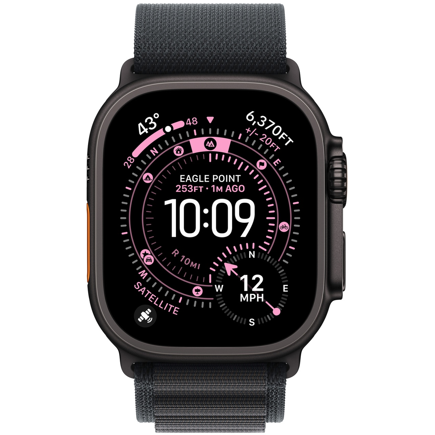 Een zwarte smartwatch toont tijd, hoogte en snelheid. Het horloge heeft een zwarte band en een roze interface met gegevens.