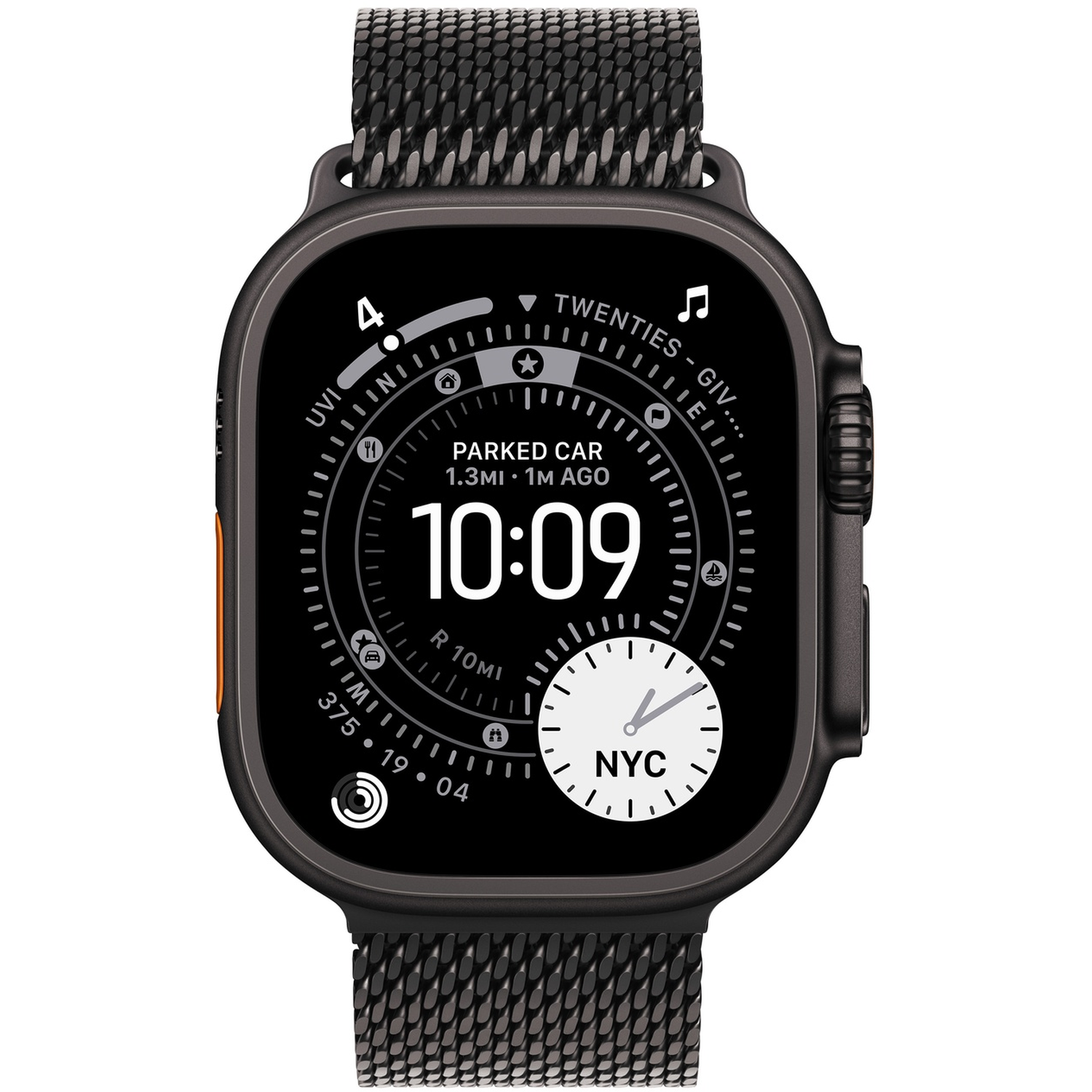 A black smartwatch displays the time 10:09. The watch face shows various metrics. The strap is a dark metallic mesh.