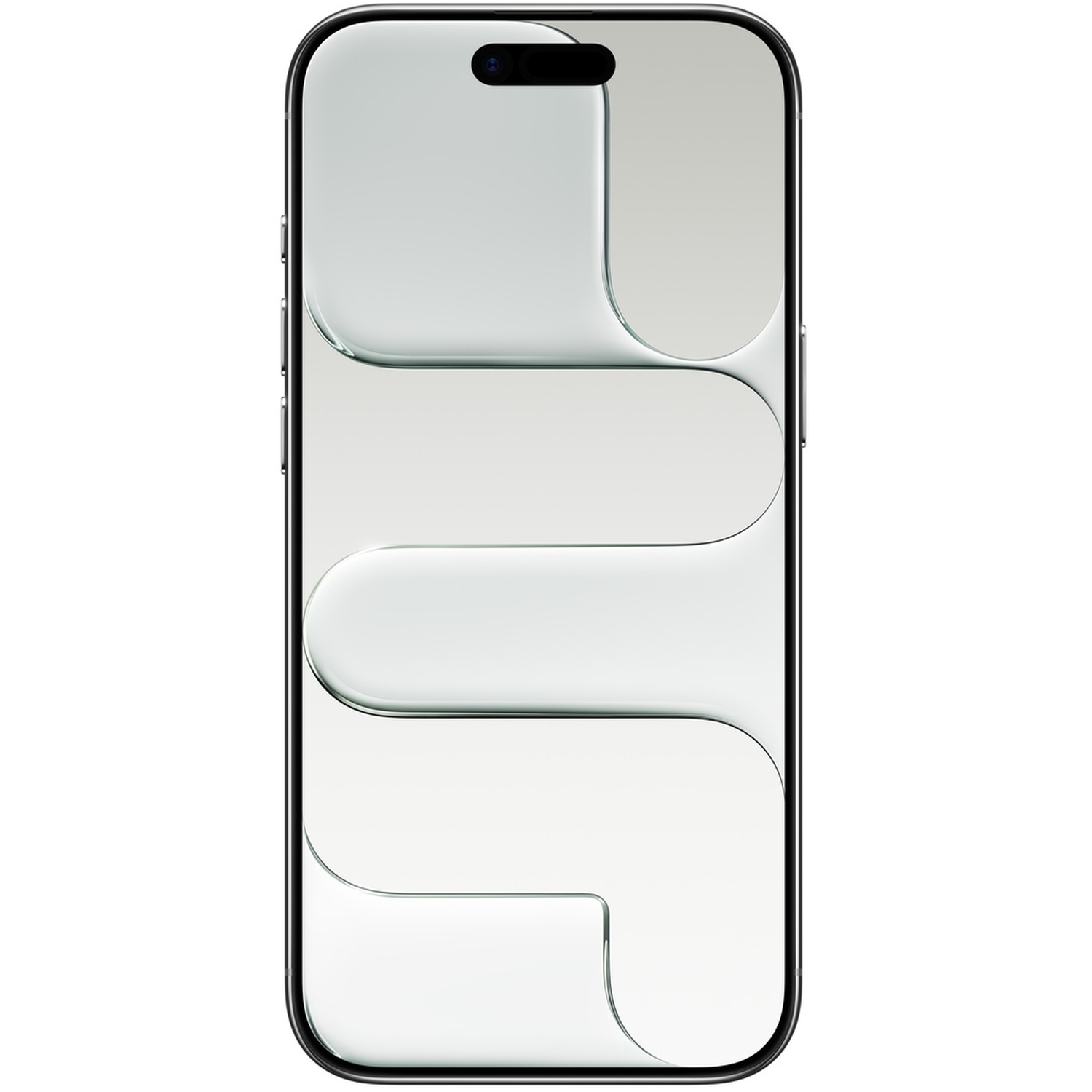 A smartphone with a black frame and a white screen featuring a curved glass design is shown on a white background.