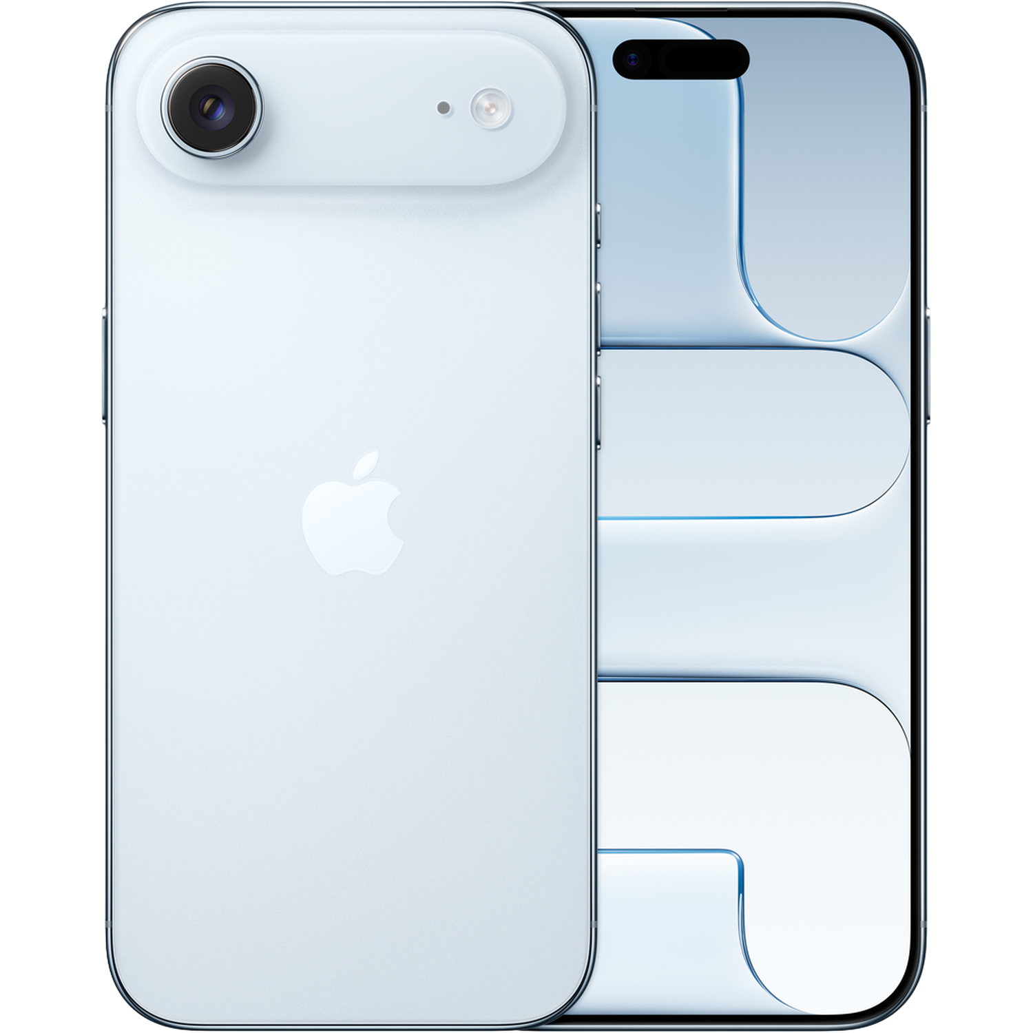 A light blue iPhone with a camera module, Apple logo, and a glossy glass back. The screen displays a light blue design.