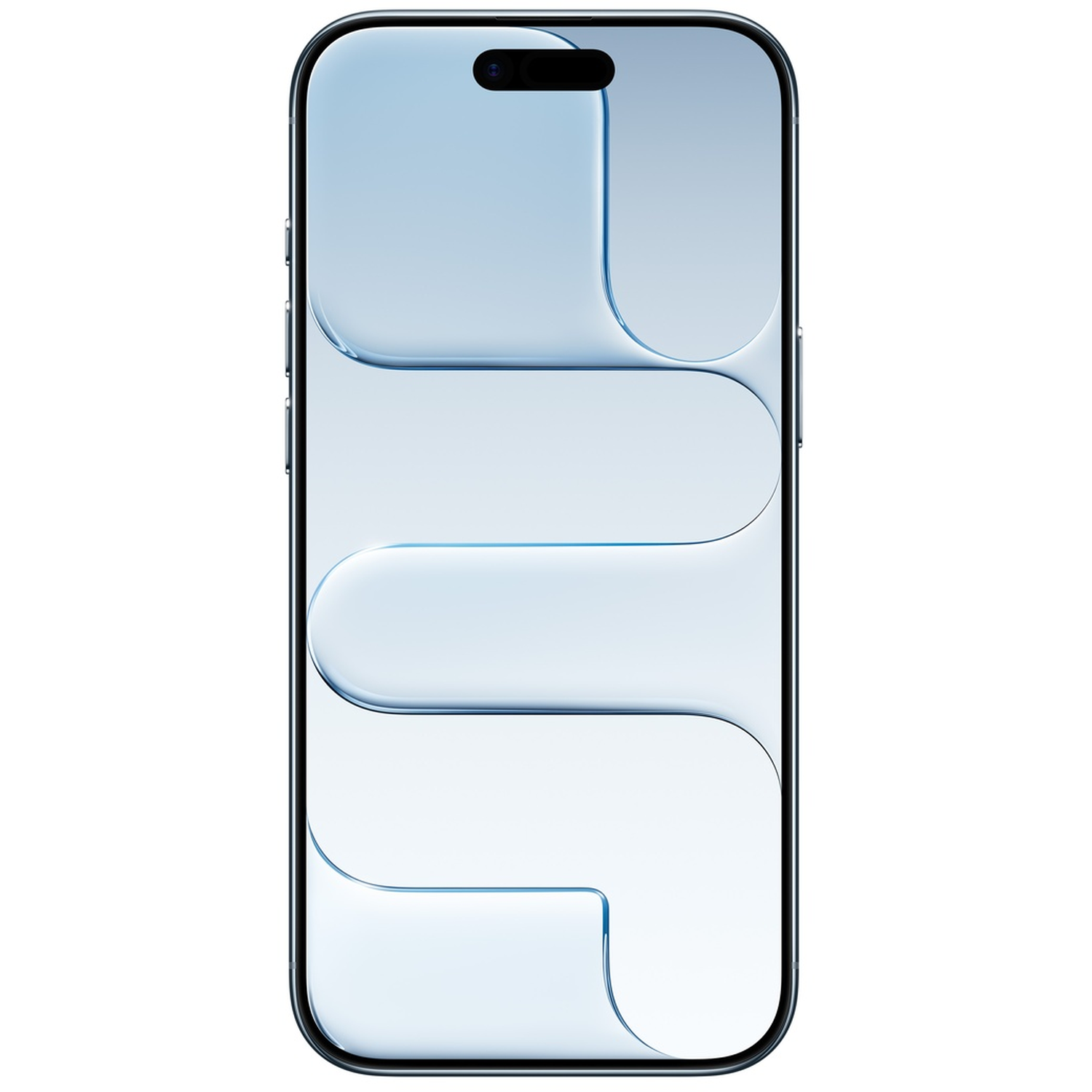 A smartphone with a blue and white abstract design on the screen. The phone has a black border and a camera at the top.