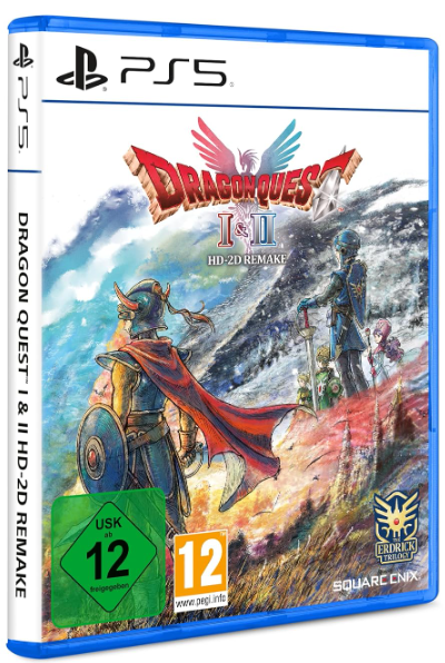 Spielbox-Artwork. Krieger mit Schwertern auf einem Berg. Dragon Quest I & II HD-2D Remake Logo oben auf der Box.