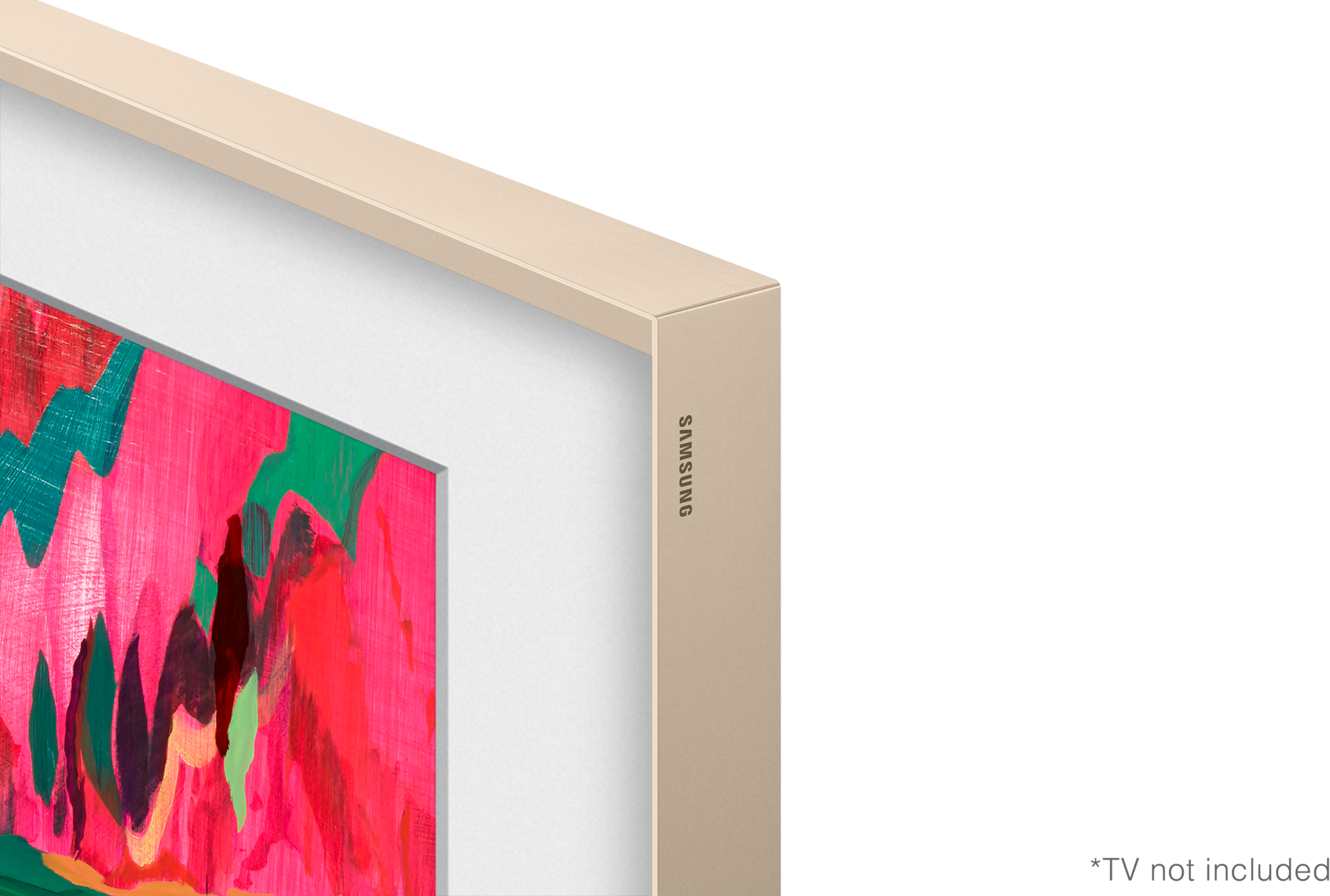 TV-Rahmen mit abstrakter Kunst. Beigefarbener Rahmen umgibt Kunst mit rosa, roten und grünen Pinselstrichen vor weißem Hintergrund.
