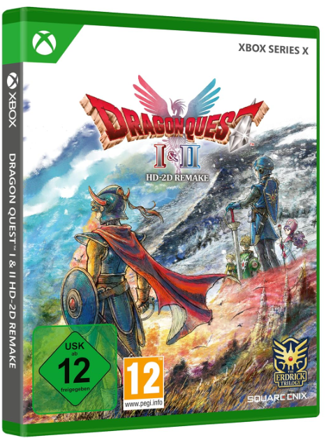 Dragon Quest I & II HD-2D Remake Xbox Series X-Boxart. Zeigt Helden, einen Drachen und den Titel des Spiels.