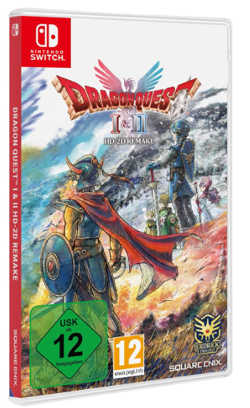 Ein Nintendo Switch-Spielcase. Es zeigt das Dragon Quest I & II HD-2D Remake. Artwork zeigt Charaktere und den Titel des Spiels.