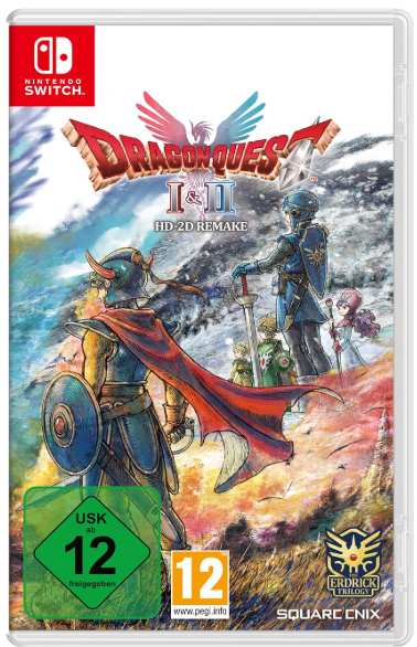 Spielhülle für Dragon Quest I & II HD-2D Remake. Zeigt Charaktere und Logo vor Bergkulisse. ESRB-Bewertung sichtbar.