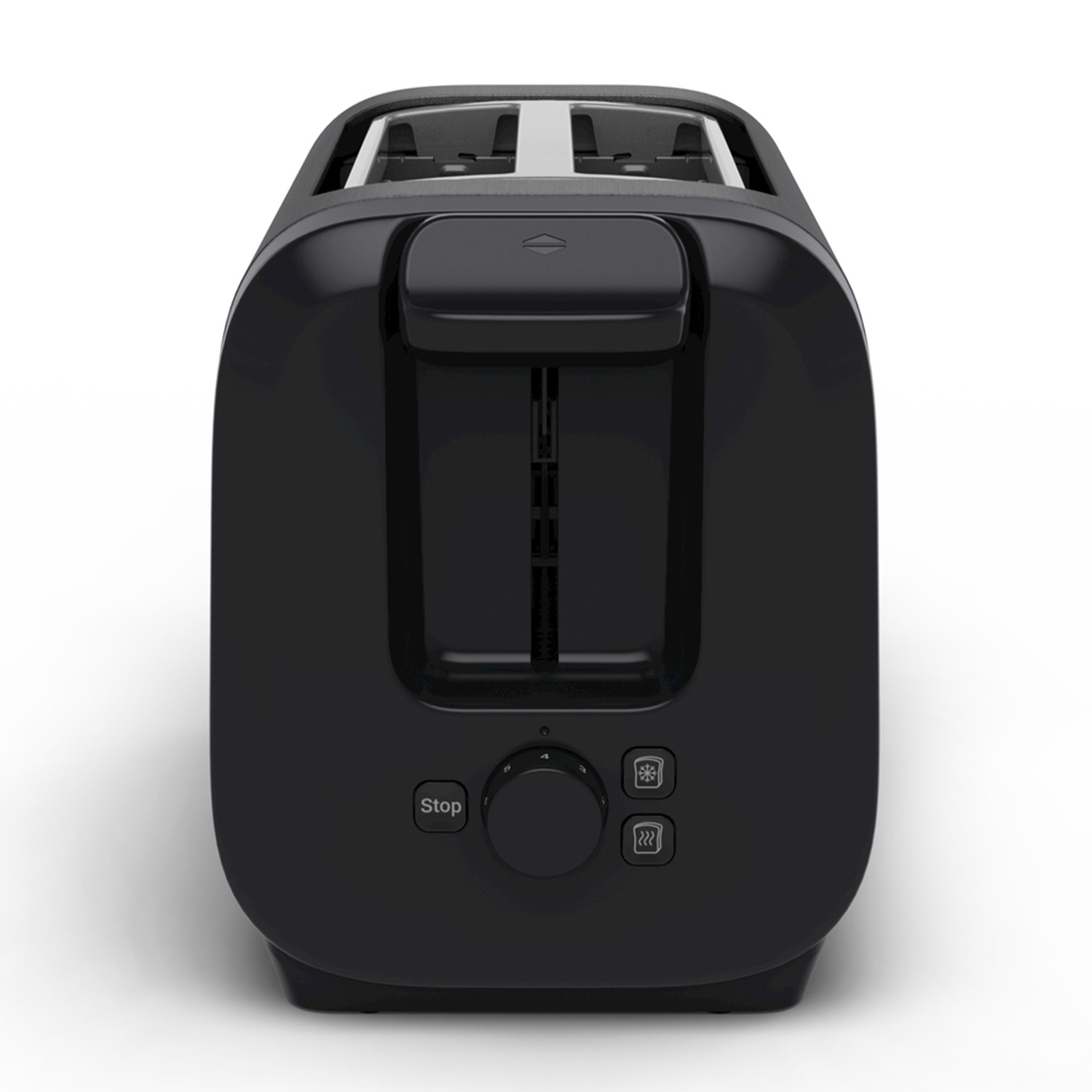 Un tostapane nero su sfondo bianco. Ha due fessure, un pulsante di stop e un quadrante per le impostazioni. Il design è moderno ed elegante.