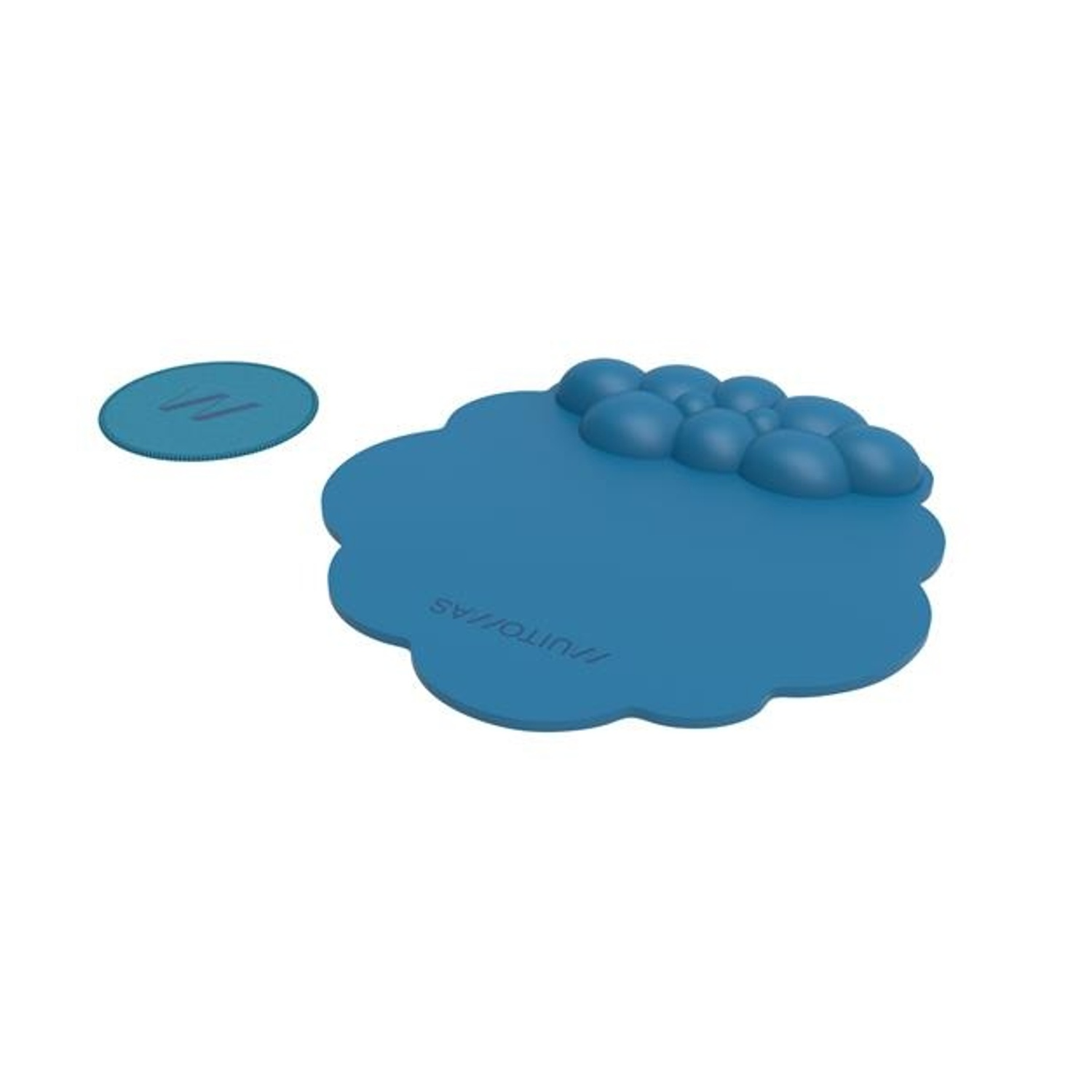 Un tappetino blu a forma di nuvola con bolle e un piccolo tappetino rotondo separato. Lo sfondo è bianco.