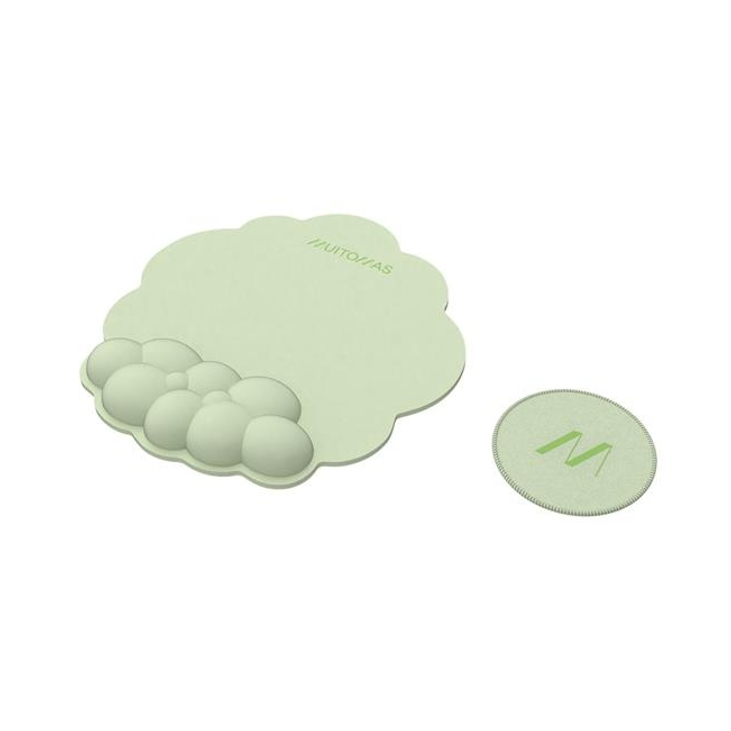 Un mousepad verde chiaro a forma di nuvola e un sottobicchiere rotondo più piccolo. Entrambi gli articoli sono su sfondo bianco.