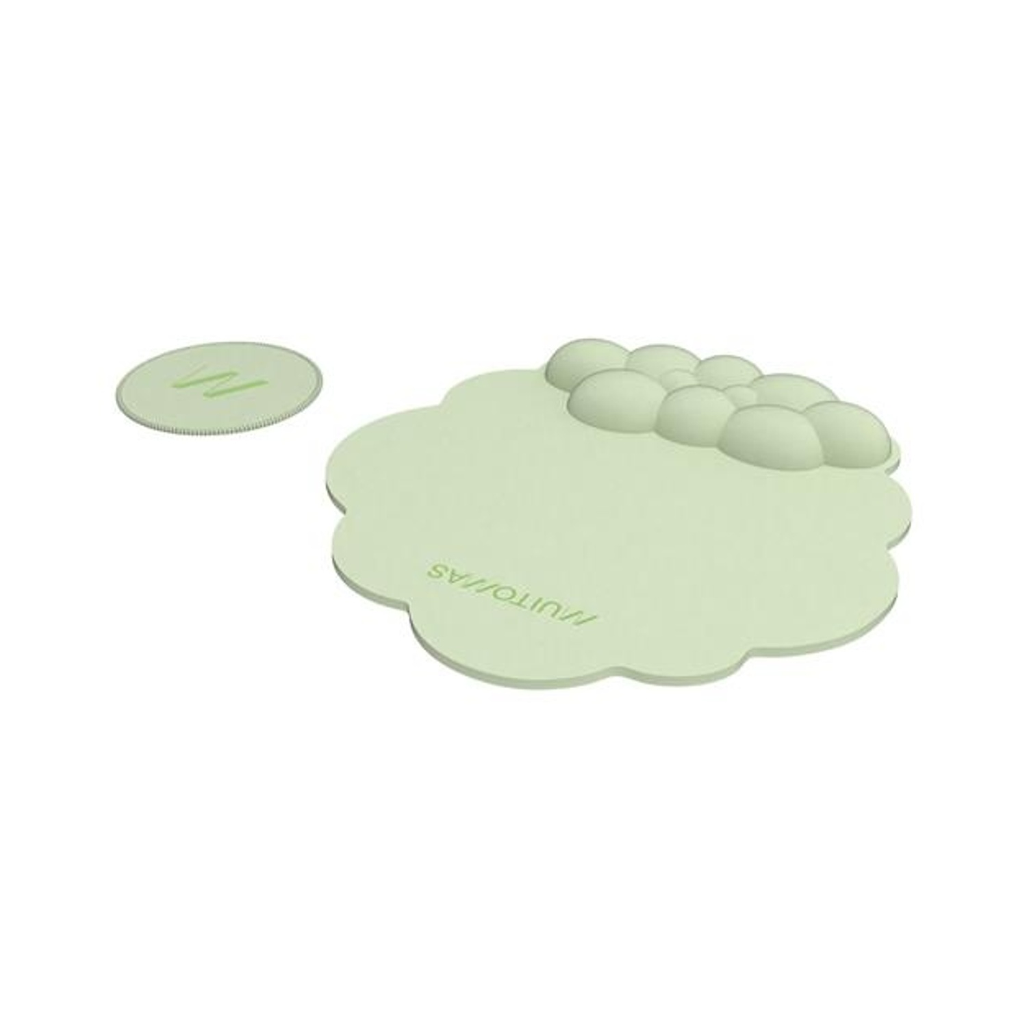 Un sottobicchiere verde chiaro a forma di nuvola con bordo a bolle e un sottobicchiere rotondo più piccolo, entrambi su sfondo bianco.