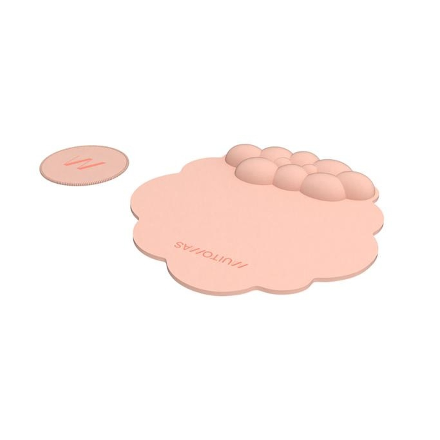 Una tovaglietta rosa a forma di nuvola con un gruppo di bolle sopra e un piccolo cerchio a sinistra. Entrambi sono rosa.
