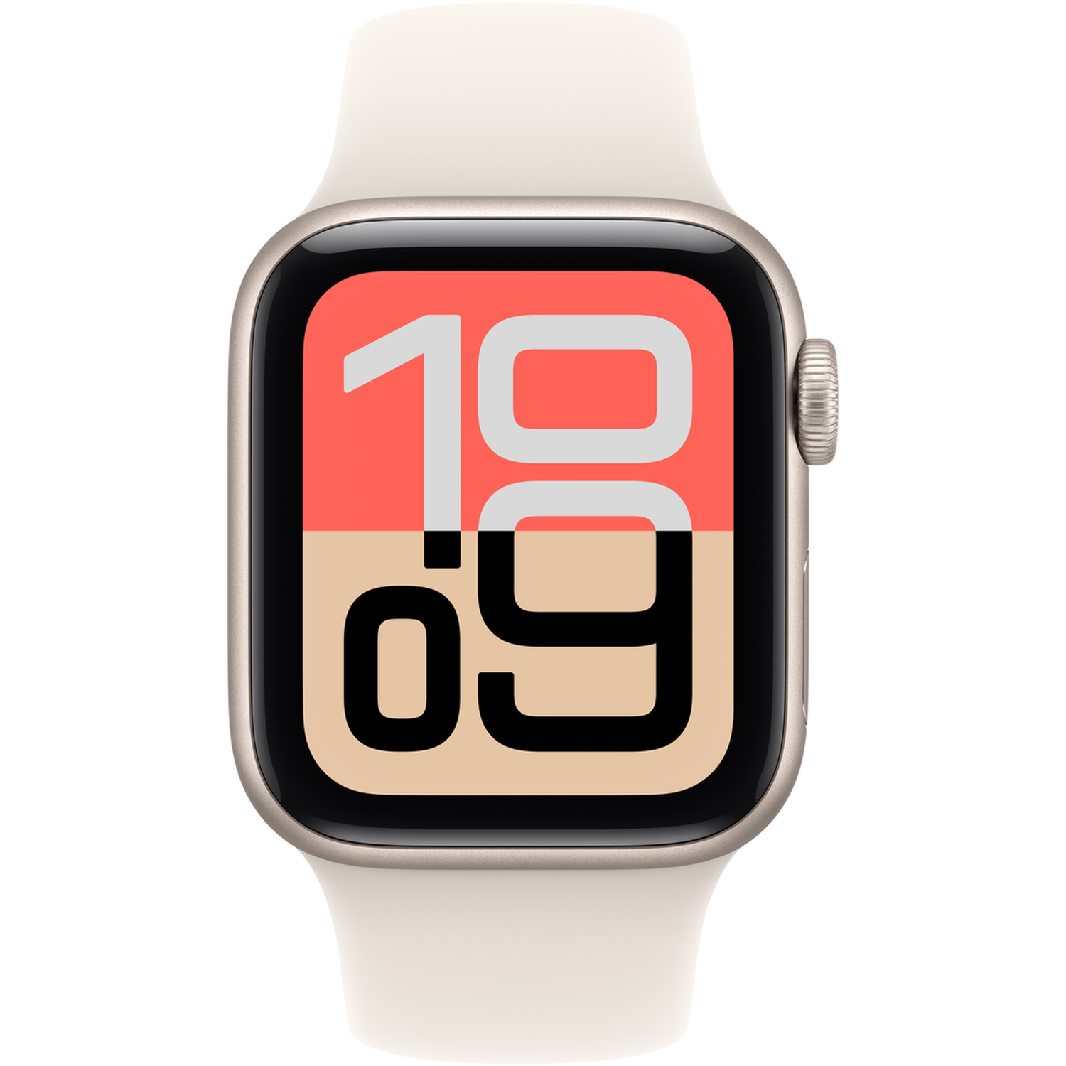 A smartwatch with a cream-colored strap. The watch face displays the numbers 10:09. The screen is divided into coral and beige sections.