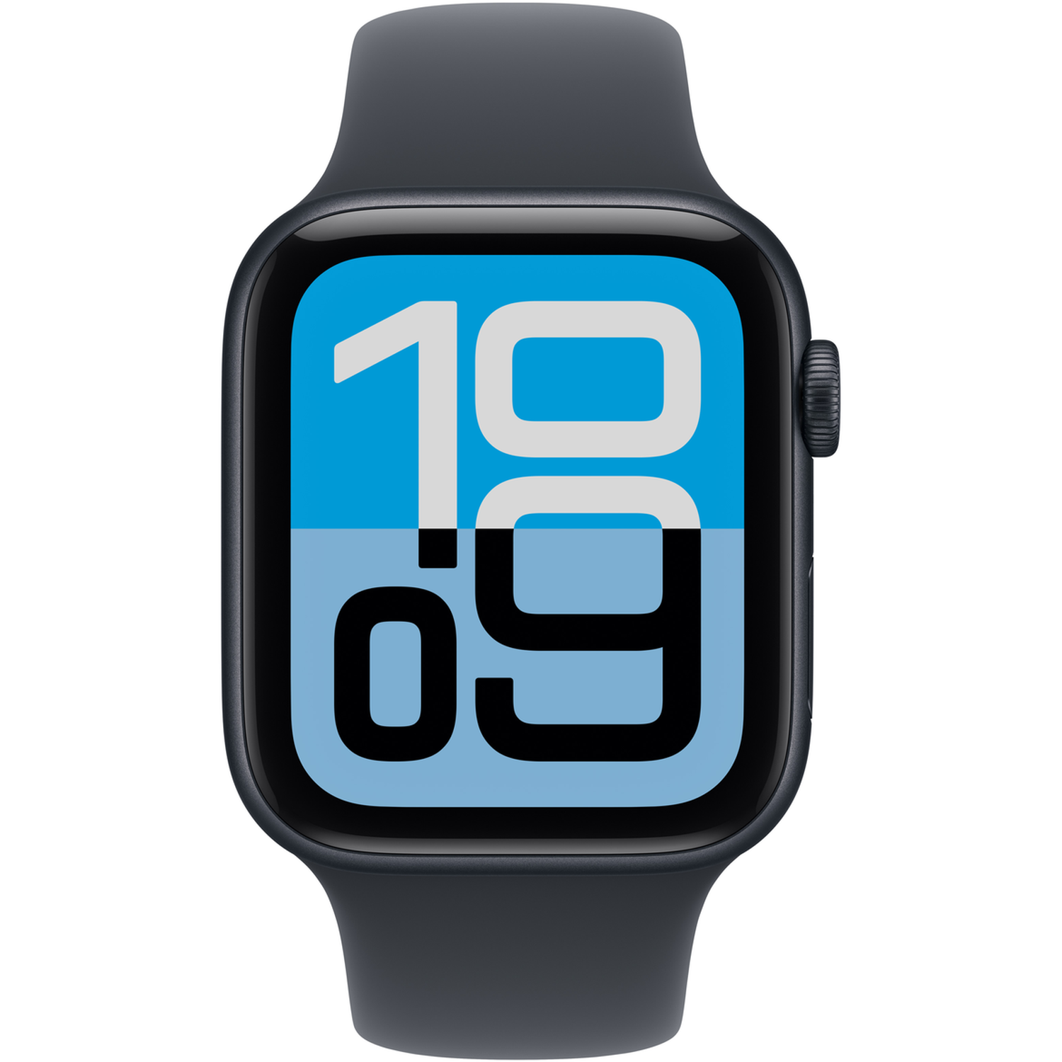 Een donkergrijze smartwatch met '10:09' op een blauw en lichtblauw scherm. Het horloge heeft een donkere band.