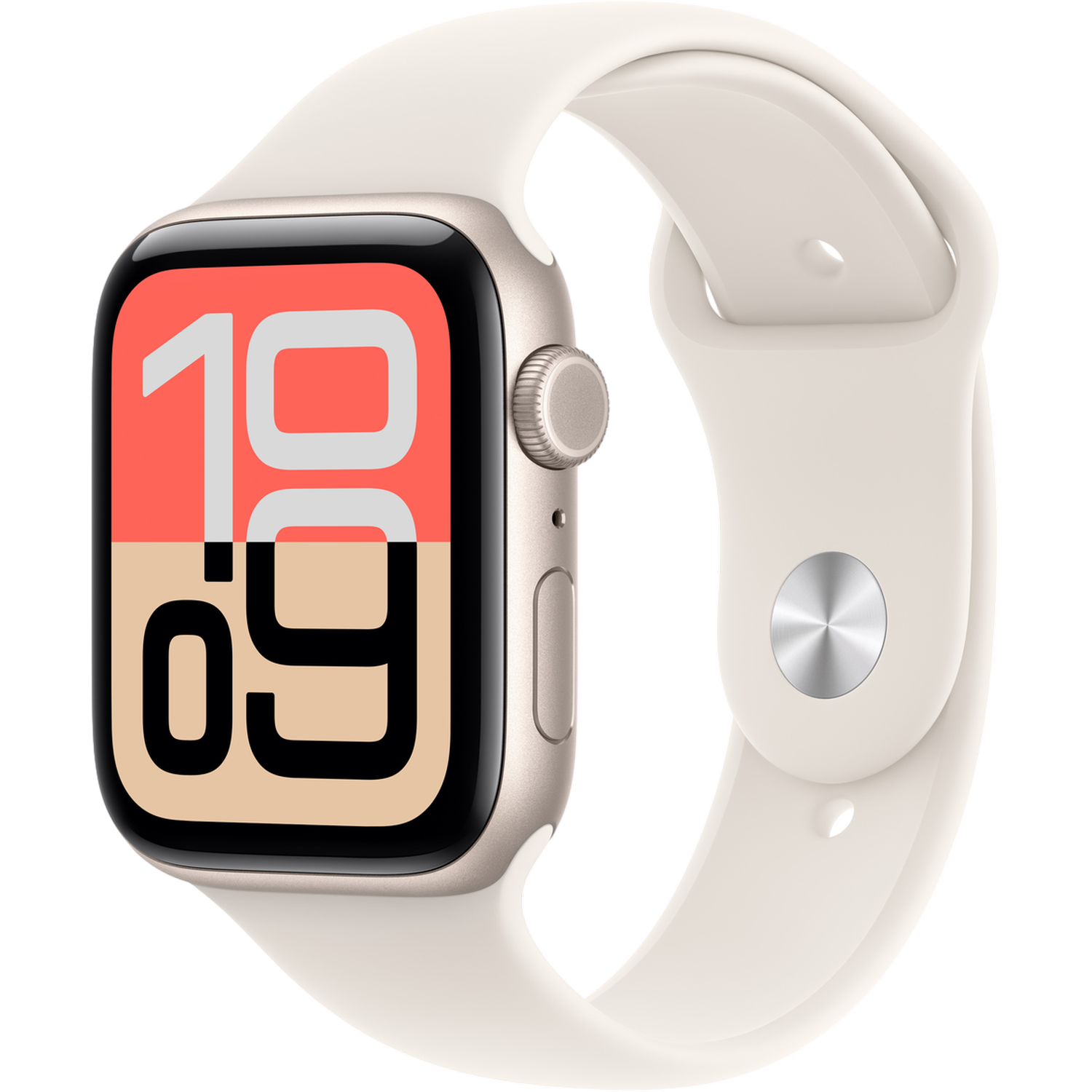 Une Apple Watch Series avec un bracelet crème. Le cadran affiche l'heure 10:09 avec un fond corail et beige.