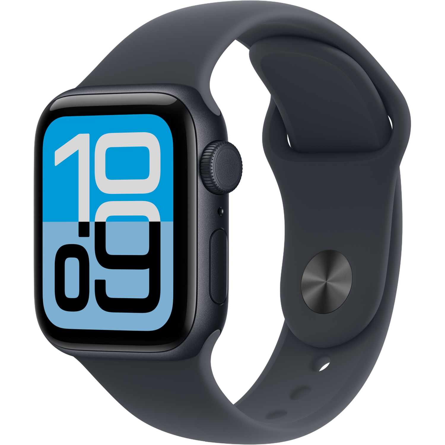 Une Apple Watch gris foncé affiche 10h09 sur un écran bleu et blanc. La montre a un bracelet gris foncé et un fond noir.