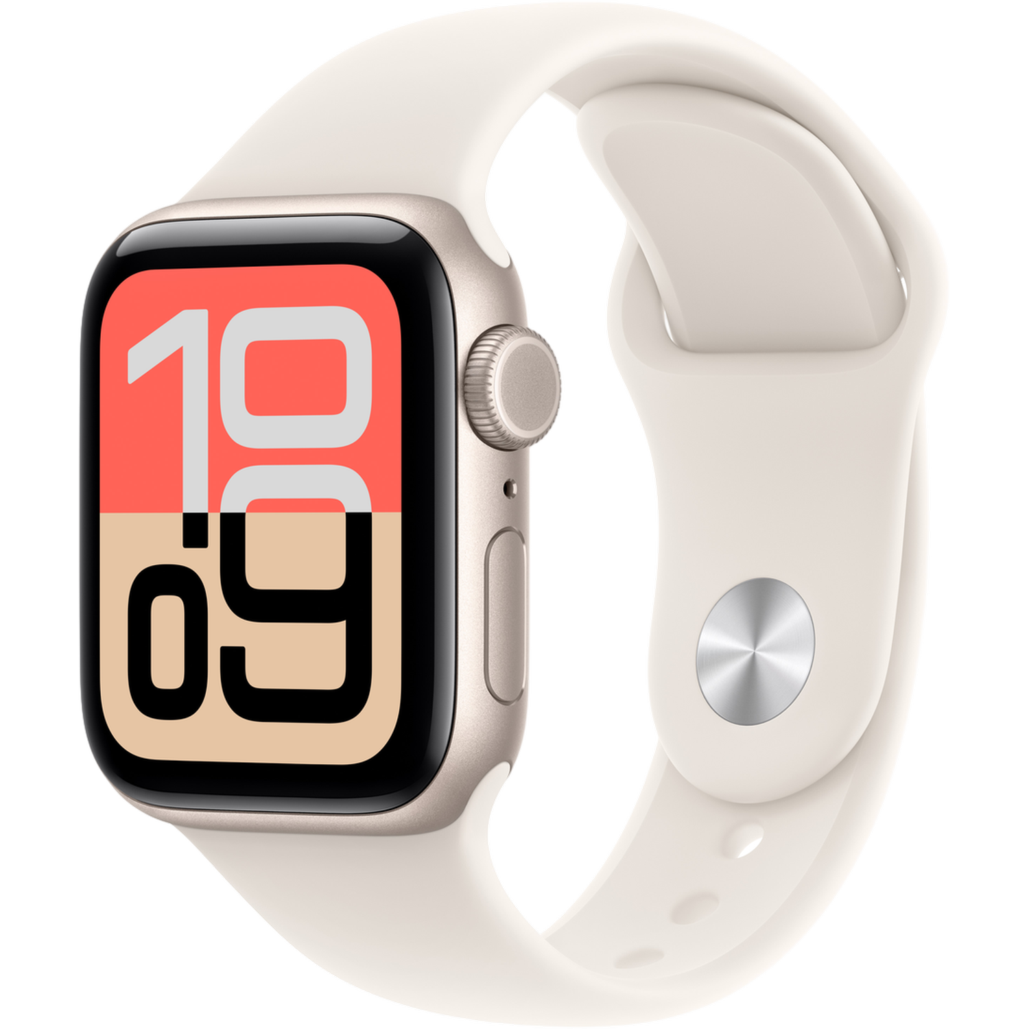 Een crèmekleurige Apple Watch met de tijd 10:09 weergegeven. Het horloge heeft een crèmekleurige band en een zilveren wijzerplaat en knop.