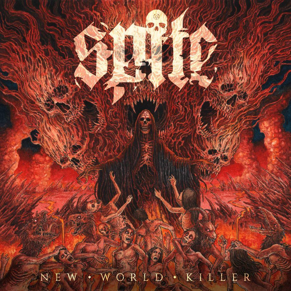 Albumcover mit Skelettfigur, umgeben von Dämonen und Menschen. Rot und Orange dominieren. Der Text lautet "Spite New World Killer".