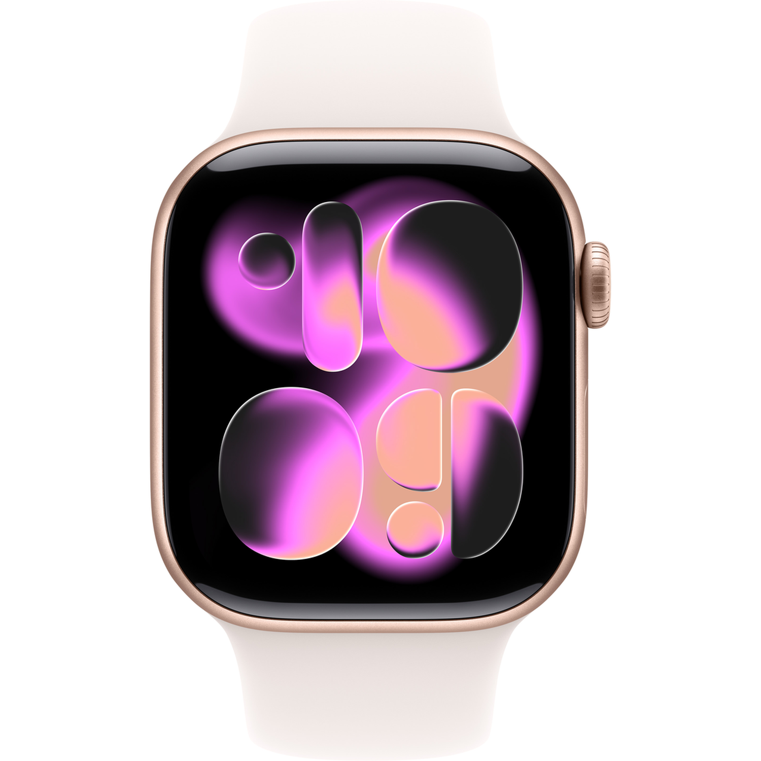 A gold Apple Watch with a white band. The watch face displays a gradient of purple and orange shapes, resembling the time.