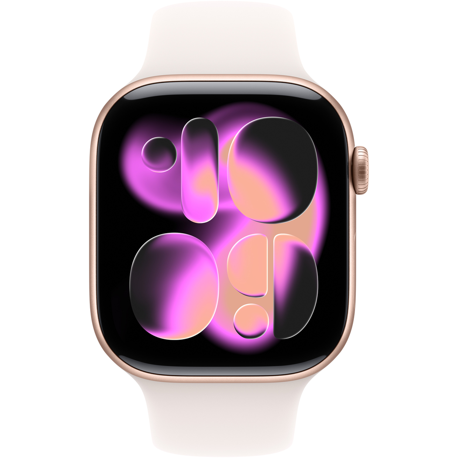 A gold Apple Watch with a white band displays a colorful watch face. The screen shows a gradient of pink, purple, and orange.