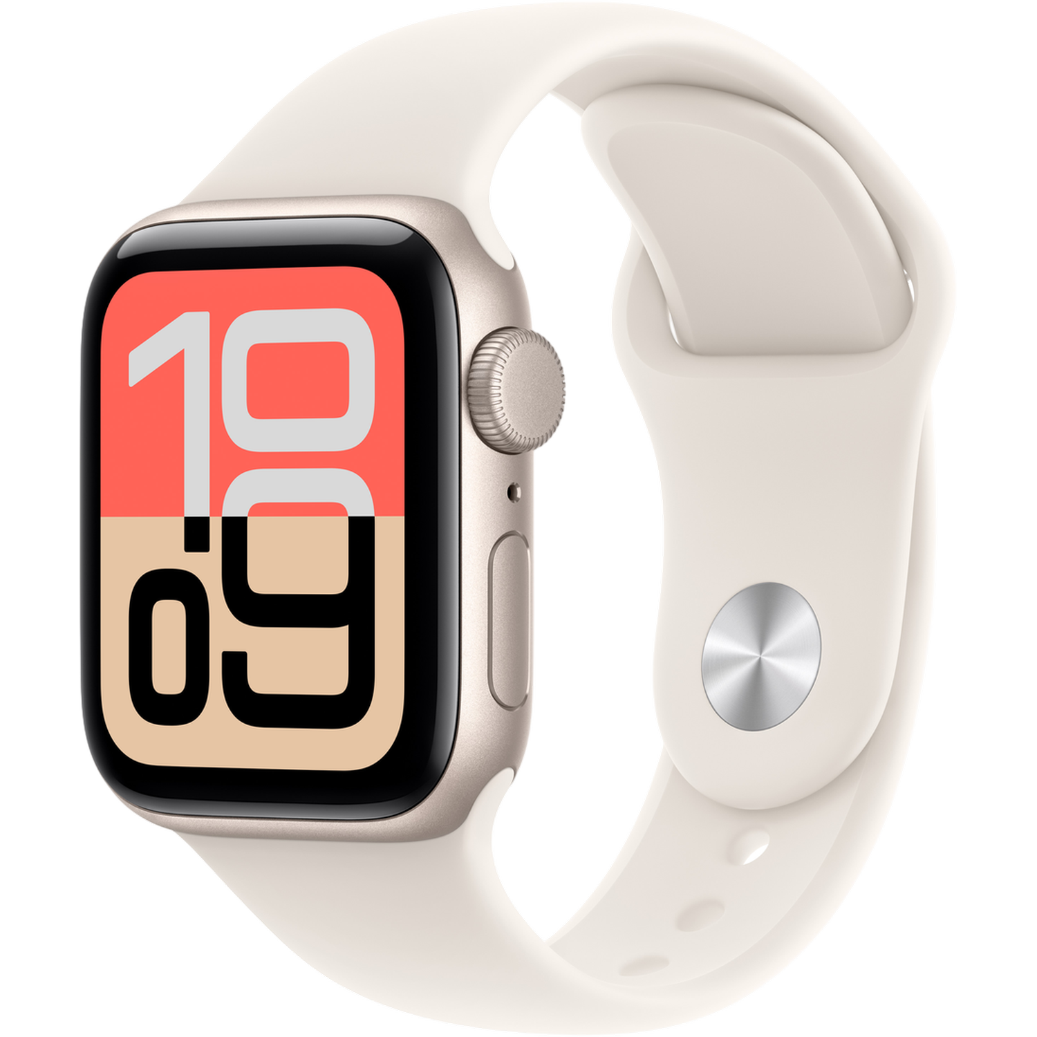 Een Apple Watch met een crèmekleurige band. De wijzerplaat toont de tijd 10:09. De achtergrond is zwart.