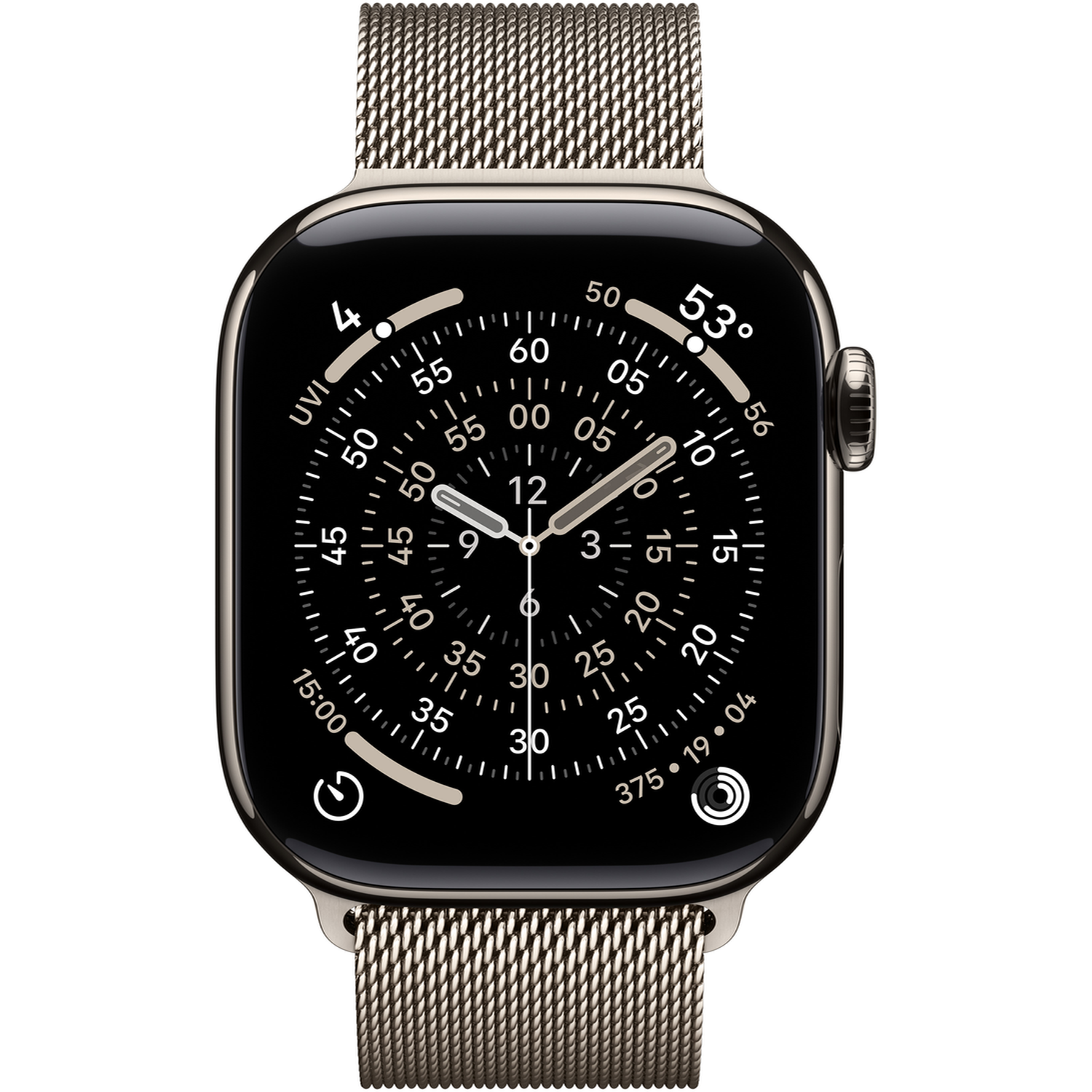 A close-up of a smartwatch with a metallic band and a black screen displaying the time and other data.