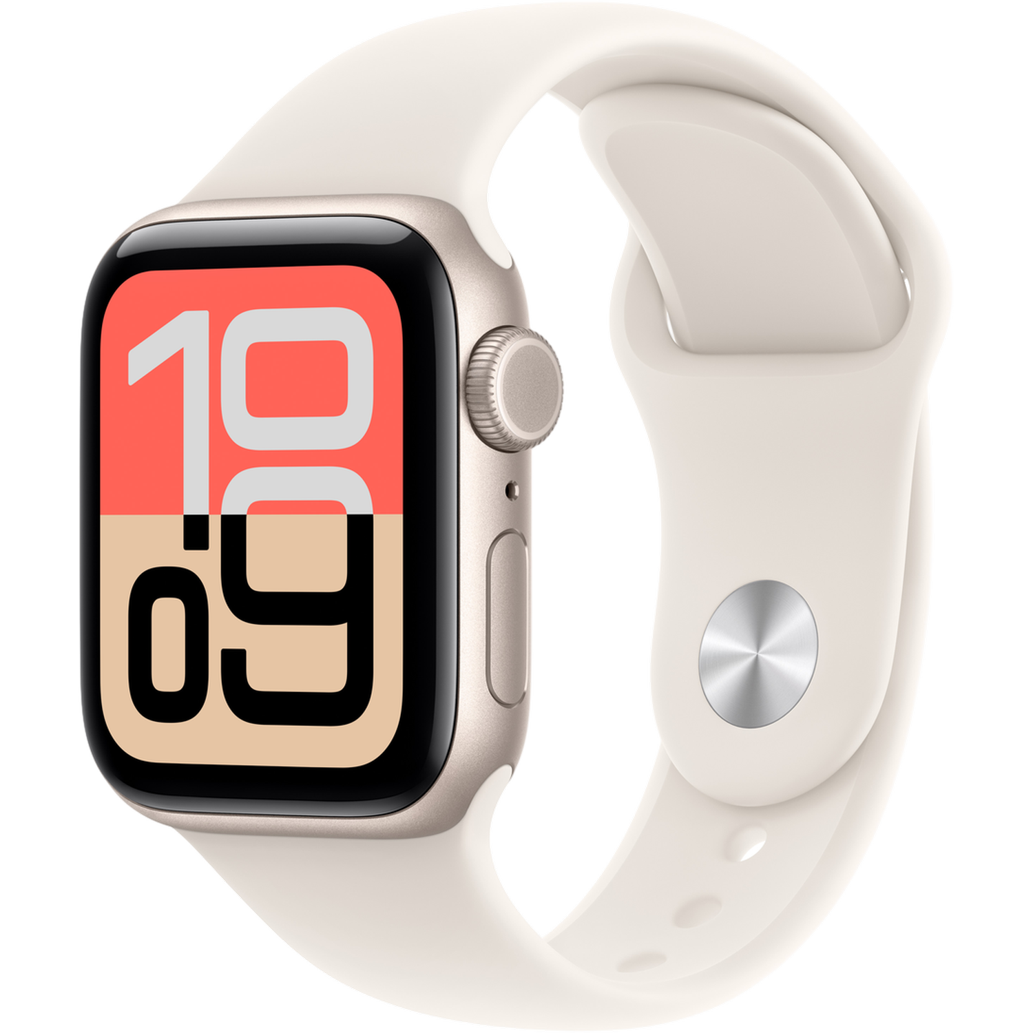 Een Apple Watch met een crèmekleurige band. De wijzerplaat toont de tijd 10:09. De achtergrond is zwart.