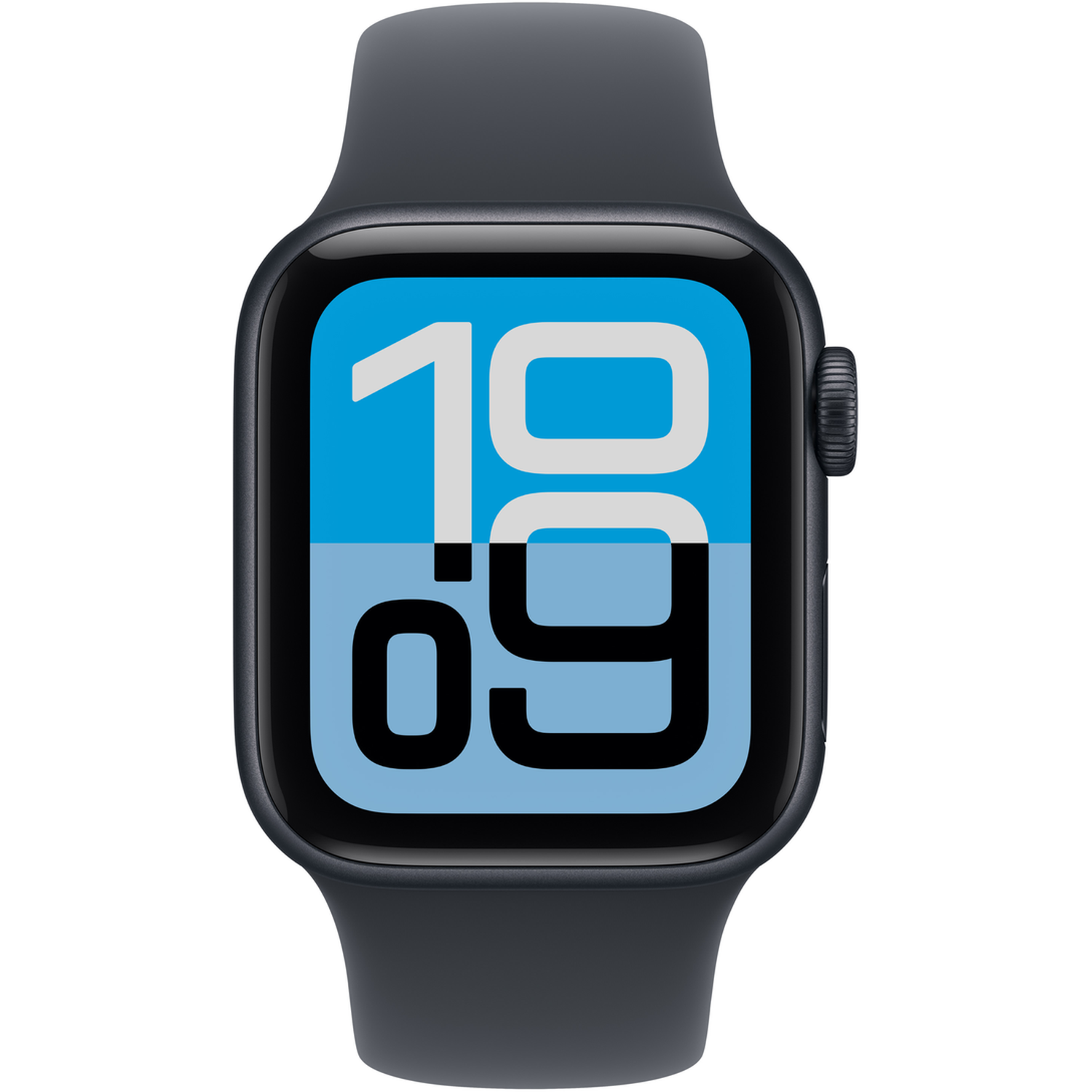 Een zwarte Apple Watch toont de tijd 10:09 op een blauw en wit scherm. Het horloge heeft een zwarte band.