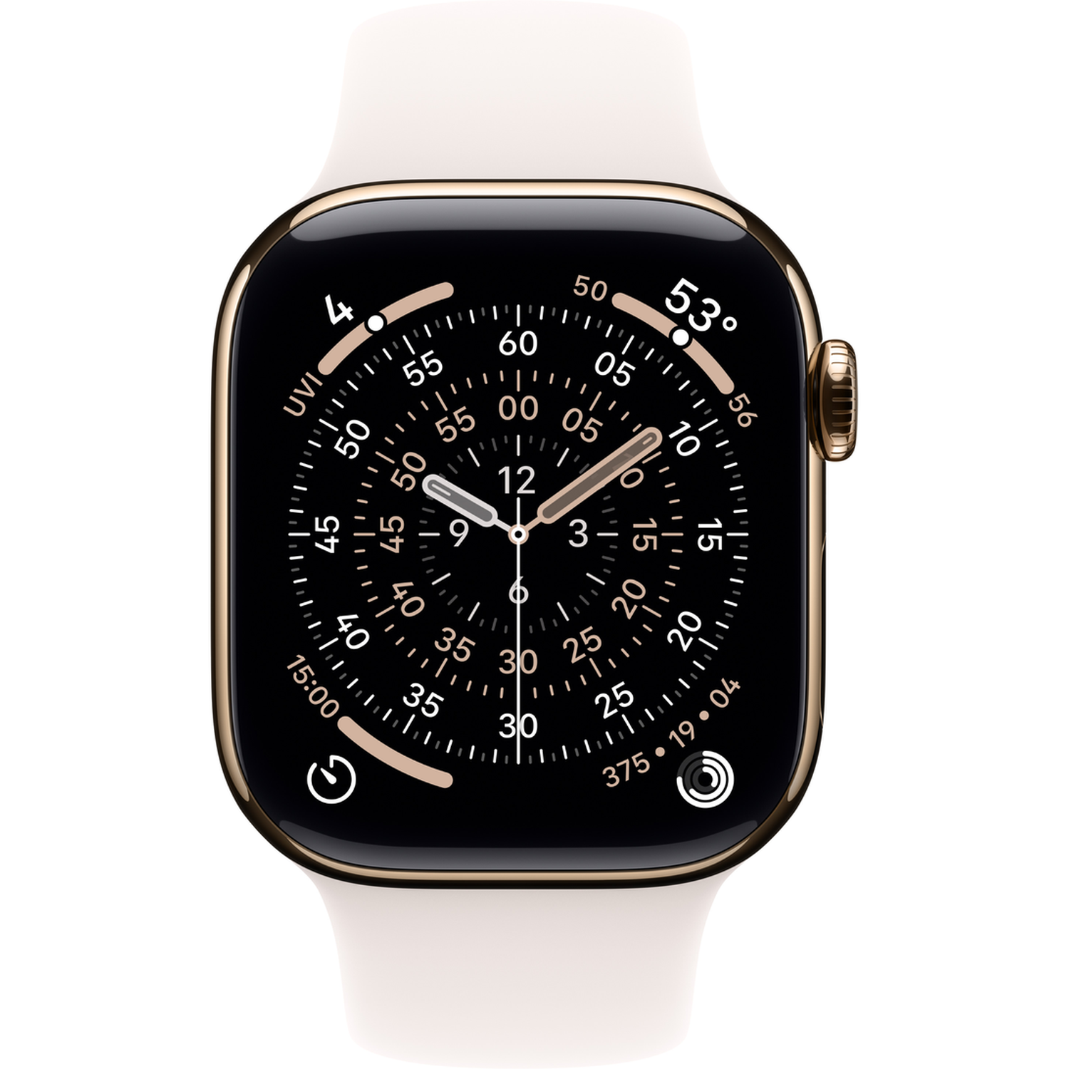 A gold Apple Watch with a black face, white band, and the time displayed. The watch shows the time as 12:00.