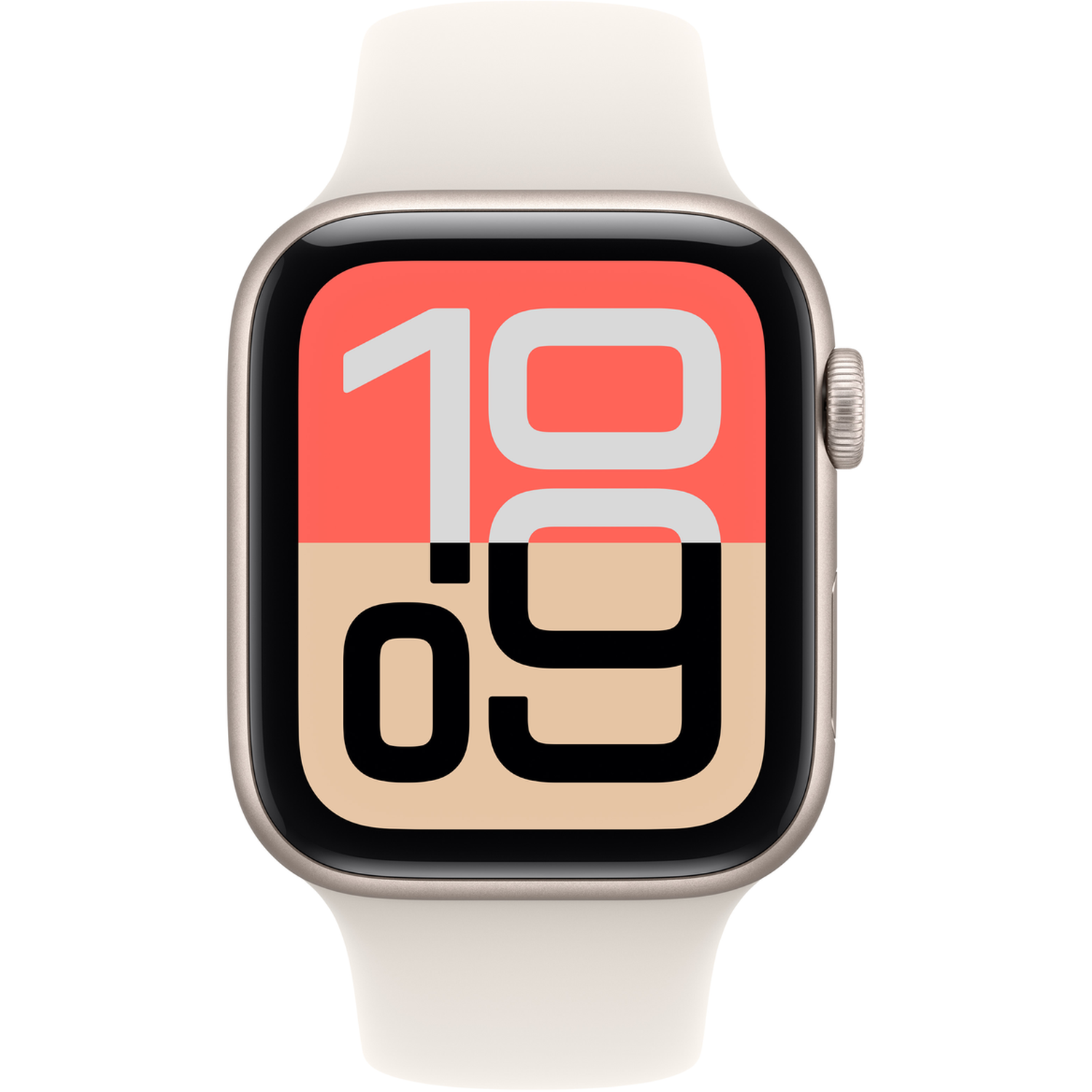An Apple Watch, cream band, gold case. The watch face shows the time 10:09. The top half is coral, the bottom is beige.