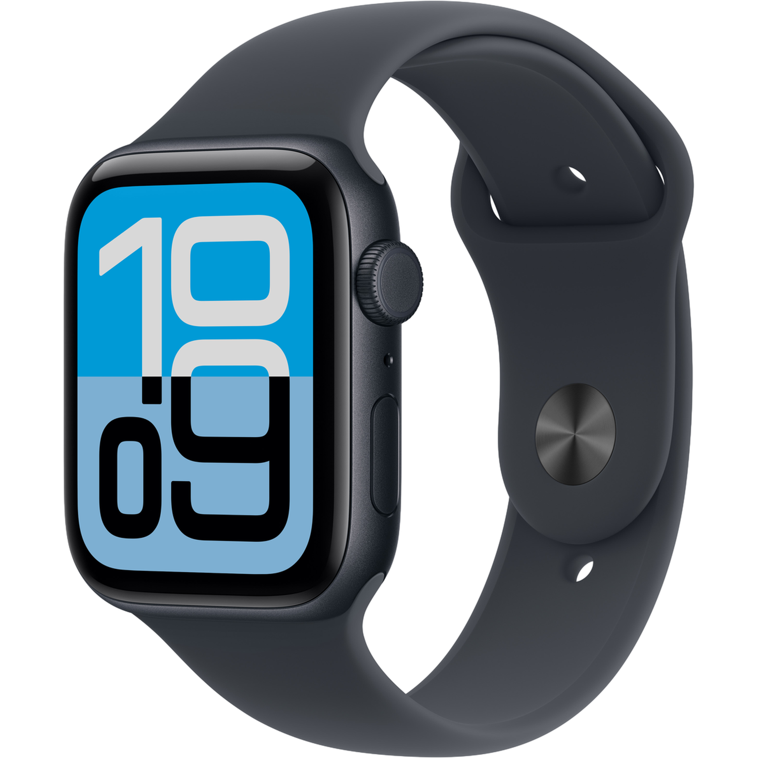 Een donkergrijze Apple Watch toont de tijd 10:09. Het horloge heeft een donkergrijze band en een zwarte achtergrond.