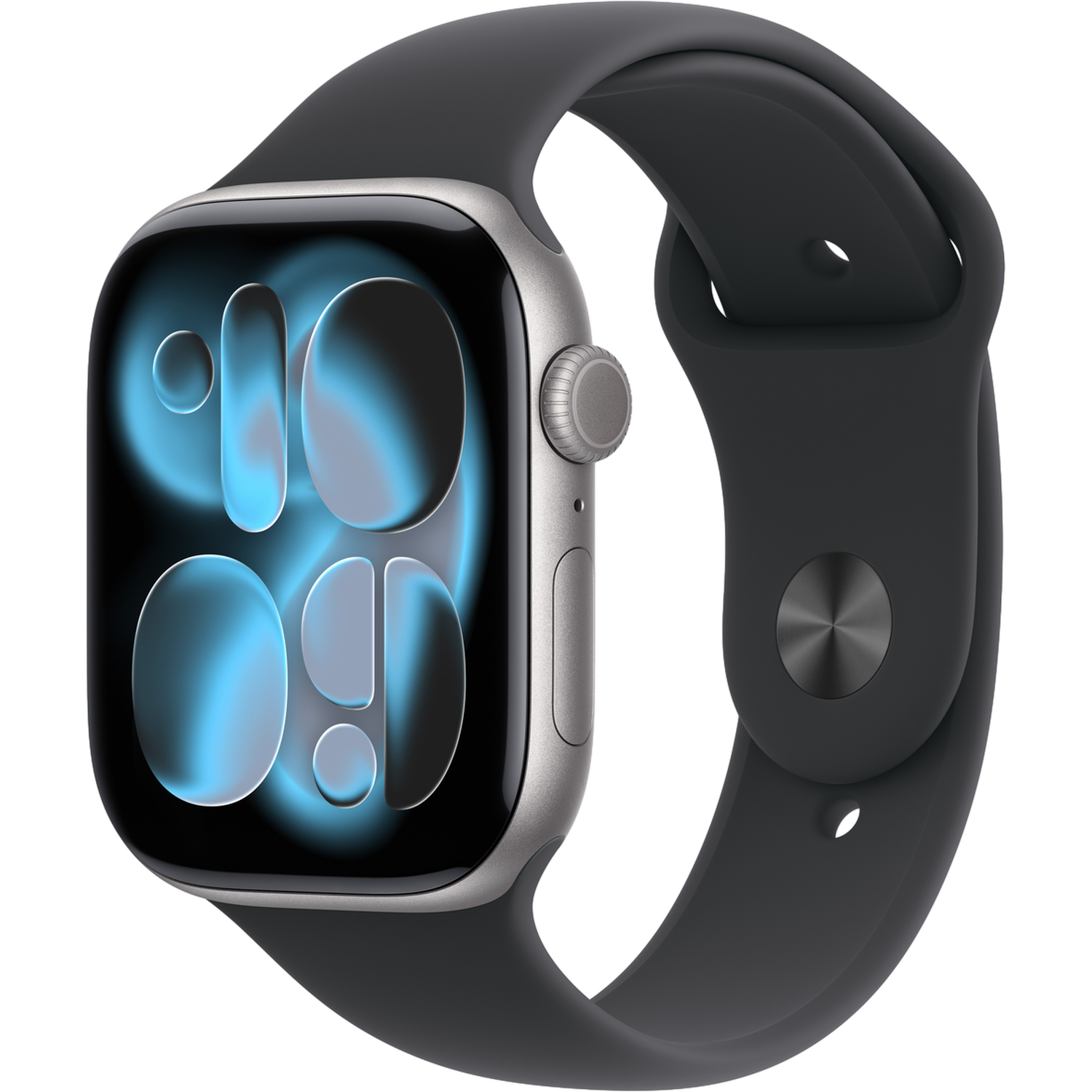 Een zilveren Apple Watch met een zwarte band toont de tijd. De wijzerplaat toont blauwe en witte details tegen een zwarte achtergrond.